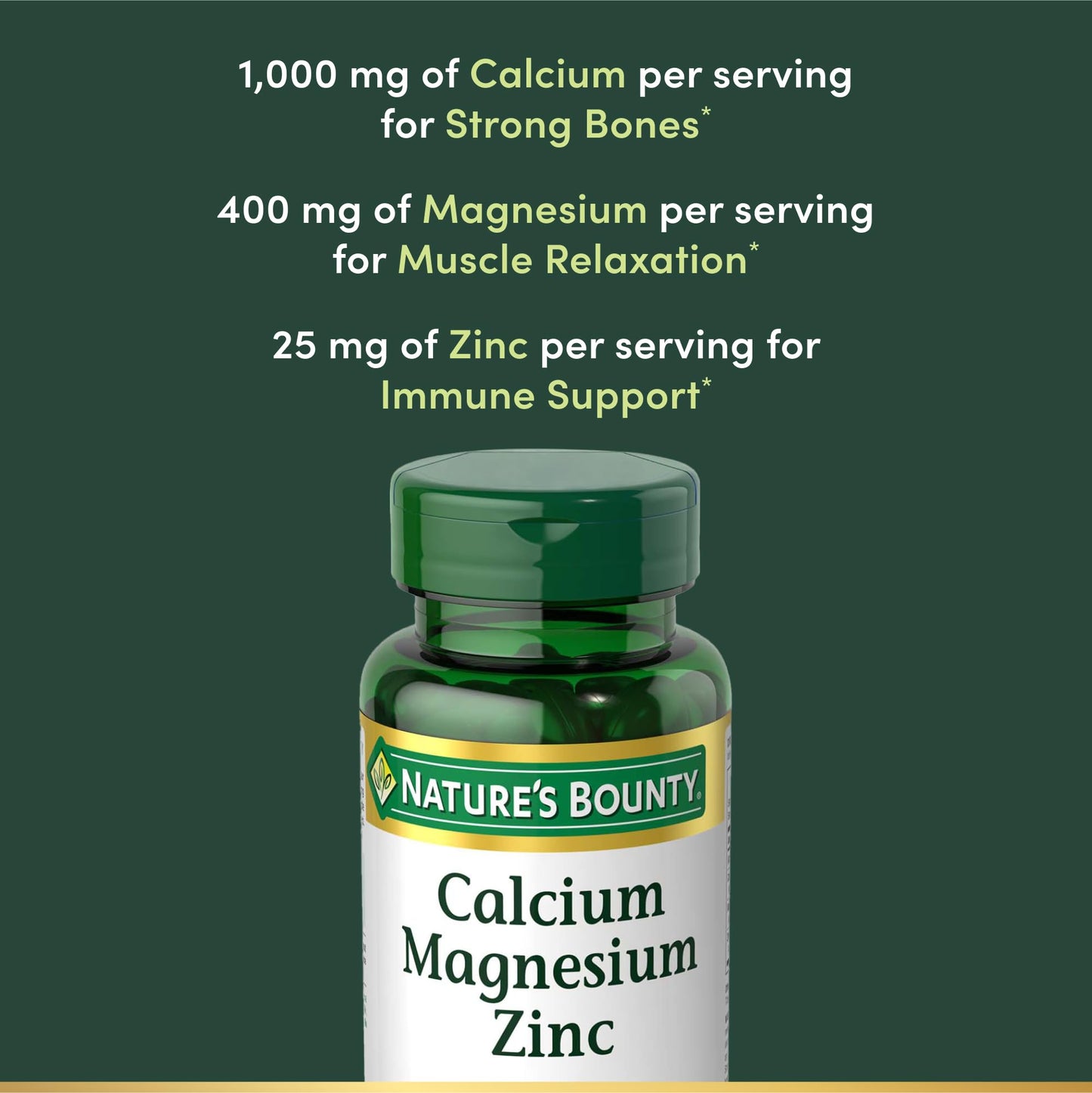 Nature's Bounty Calcium Magnesium & Zinc Caplets, Immune & Bone Health, Daily Supplement, 1000mg Calcium, 400mg Magnesium, 600 IU Vitamin D, Gluten Free, 100 Caplets - Medaid International