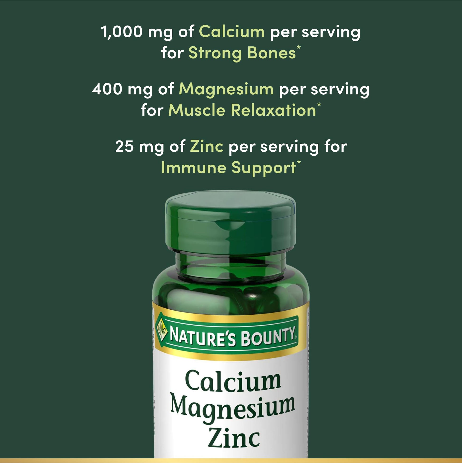 Nature's Bounty Calcium Magnesium & Zinc Caplets, Immune & Bone Health, Daily Supplement, 1000mg Calcium, 400mg Magnesium, 600 IU Vitamin D, Gluten Free, 100 Caplets - Medaid International