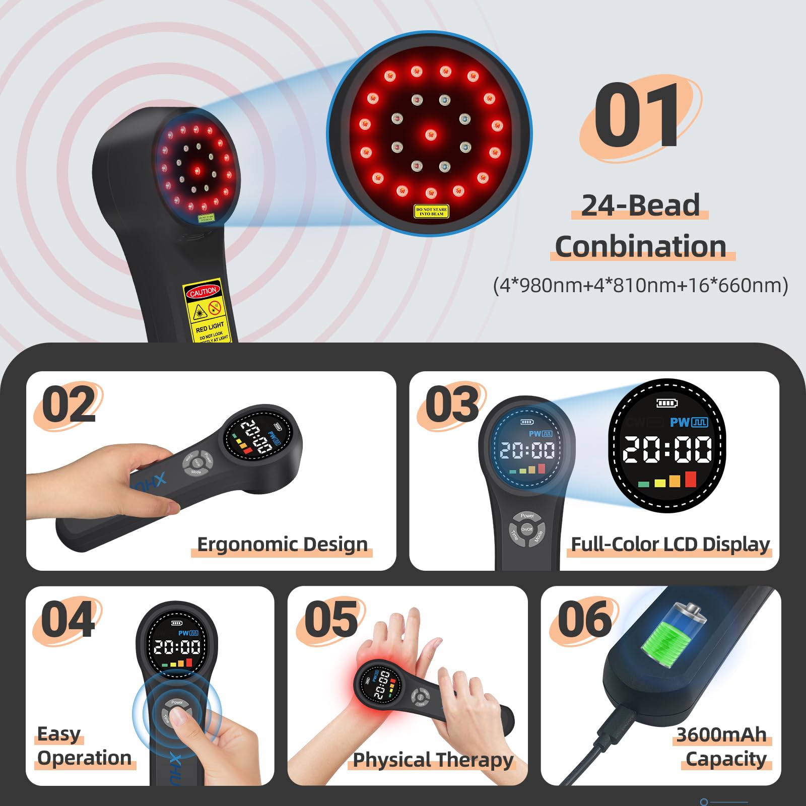 XHUIA Handheld Red Light Therapy Device, 4x980nm 4x810nm 16x660nm, Cold Light Therapy Machine for Knee, Shoulder, Muscle, Joint Pain Relief, Near Infrared Light Therapy for Human at Home or Travel - Medaid International