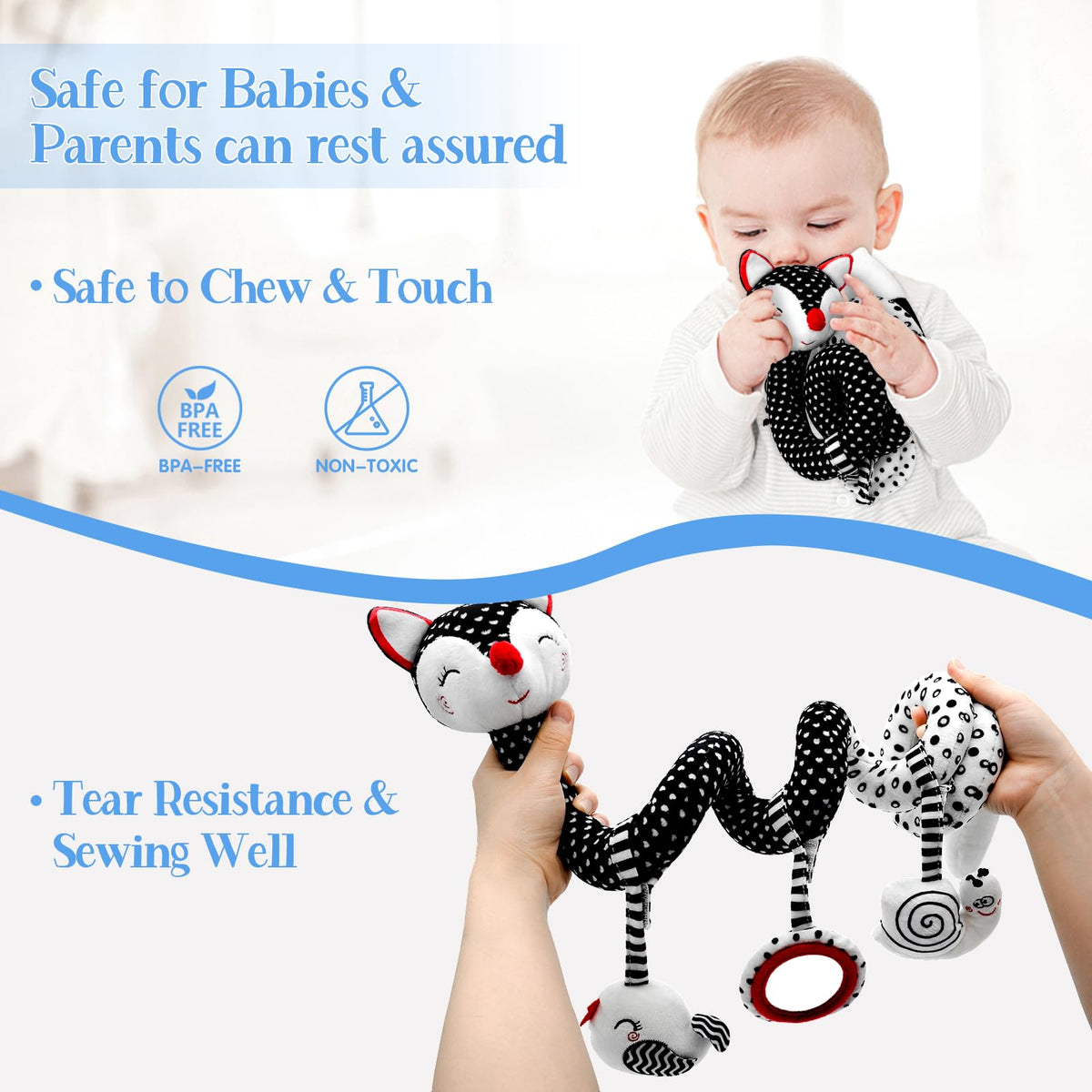 KASTWAVE Infant Car Seat and Stroller Toys - Black and White High Contrast Fox Spiral Activity Plush with Hanging Rattles, Ideal Visual Development Toy for Newborns and Babies, Gift for Girls and Boys