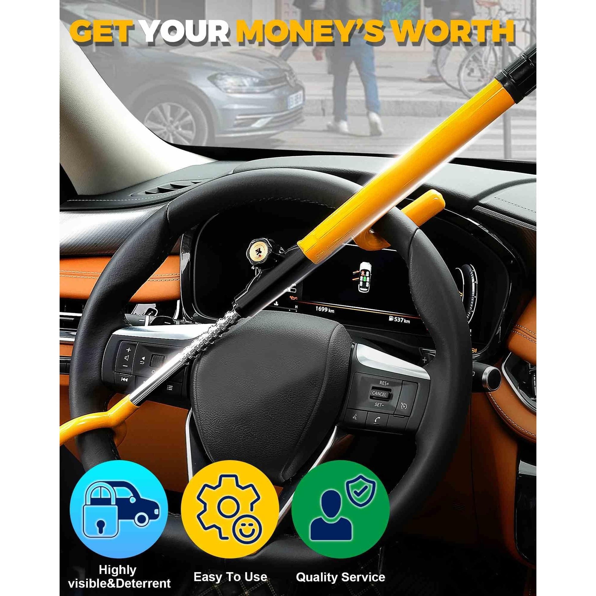 Tevlaphee Steering Wheel Lock - Anti Theft Device with Adjustable Car Wheel Lock, 3 Keys (Yellow) - Medaid International