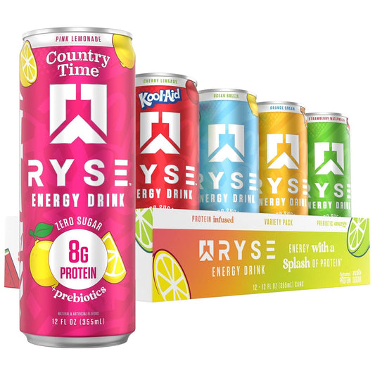 RYSE Functional Energy Drink - 5 Flavors Variety Pack - 150mg Natural Caffeine, 8g Whey Protein & 1g Prebiotics - Sugar Free, Gut-Friendly, Bloat-Free - 12 fl oz Cans (12-Pack) - Medaid International