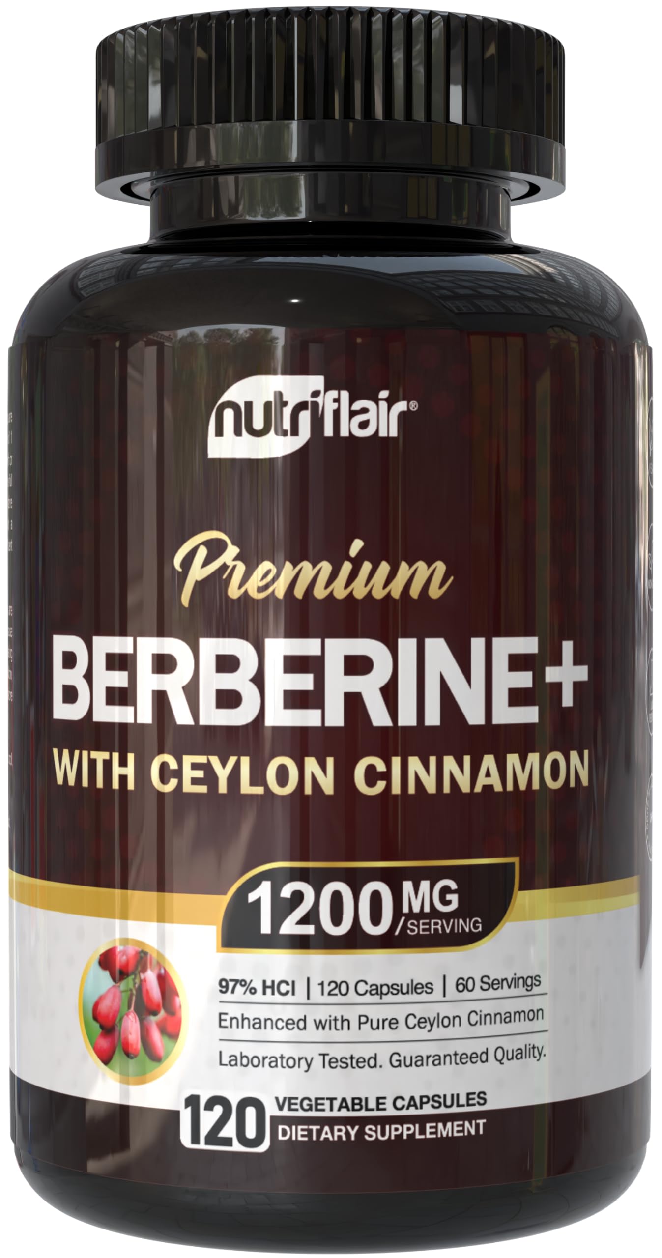 NutriFlair Berberine 97% HCl with Ceylon Cinnamon Supplement, 120 Capsules – High Potency, Premium Quality, Vegan-Friendly – 60 Servings - Medaid International