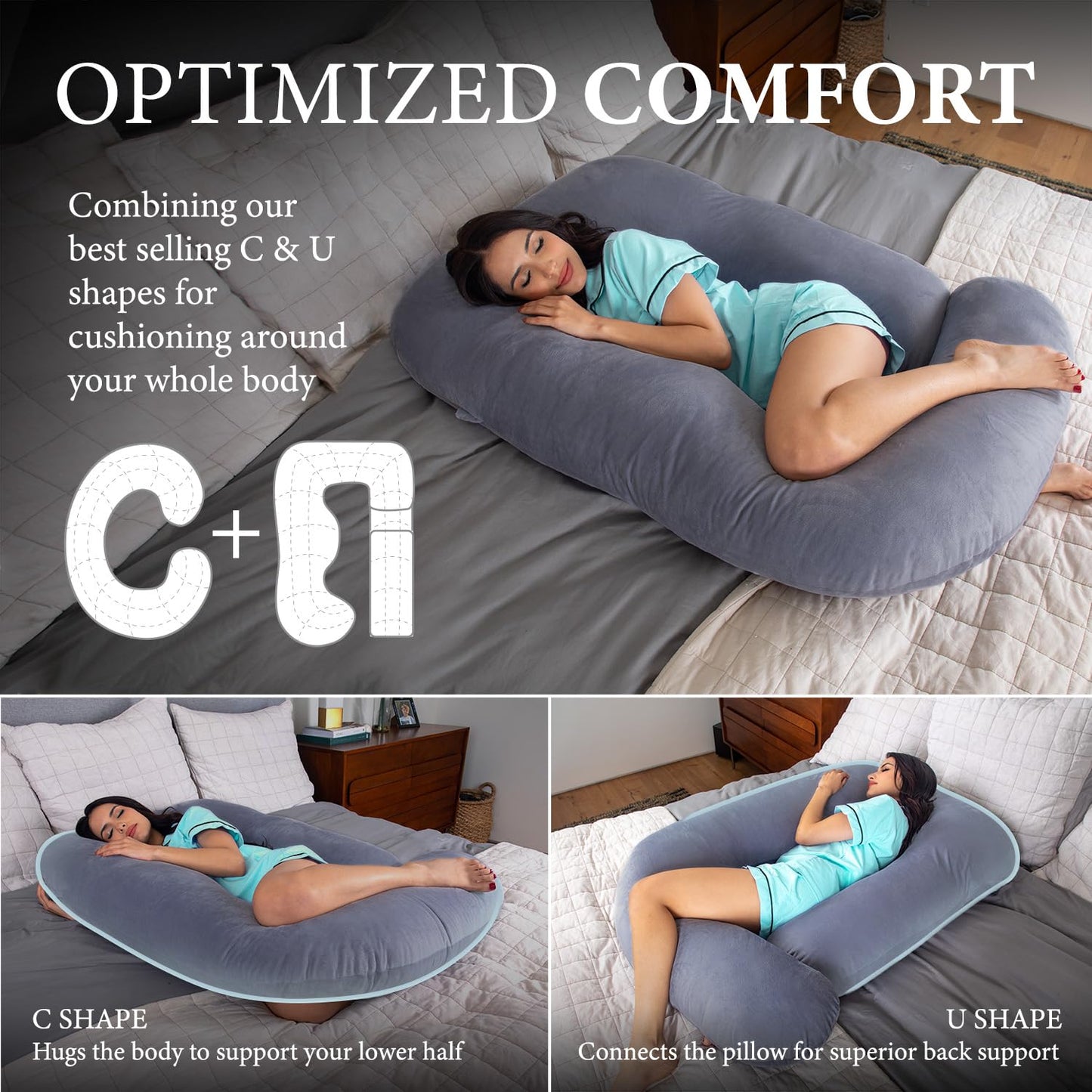 Pharmedoc Pregnancy Pillows, U-Shape Full Body Pillow -Removable Cover Jumbo Size - Gray - Pregnancy Pillows for Sleeping - Body Pillows for Adults, Maternity Pillow and Pregnancy Must Haves - Medaid International