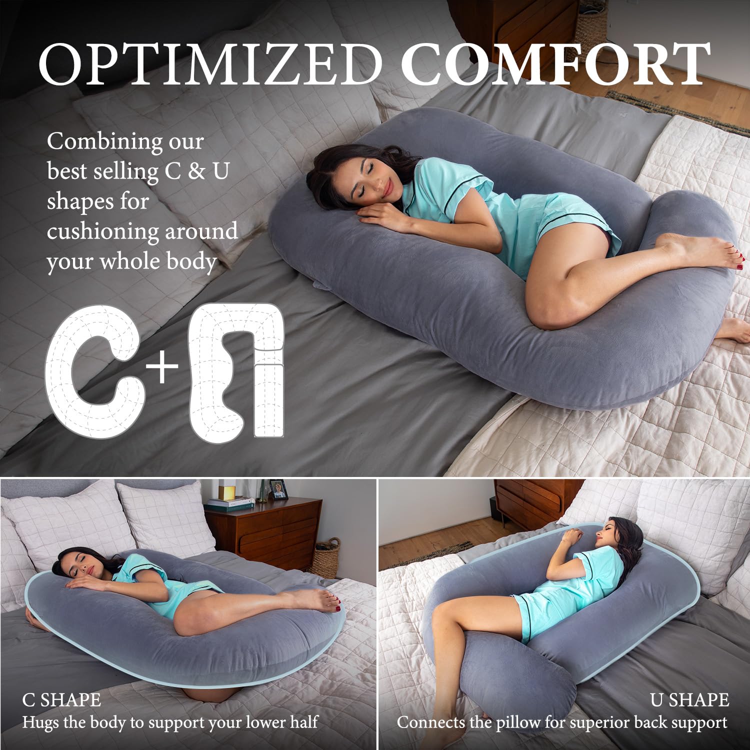 Pharmedoc Pregnancy Pillows, U-Shape Full Body Pillow -Removable Cover Jumbo Size - Gray - Pregnancy Pillows for Sleeping - Body Pillows for Adults, Maternity Pillow and Pregnancy Must Haves - Medaid International