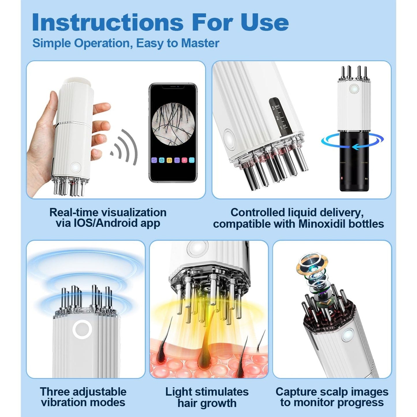 Zonngoo 3 in 1 Electric Scalp Massager and Hair Oil Applicator Camera,Wireless Smart Visual Massager Scalp Applicator Brush - Medaid International