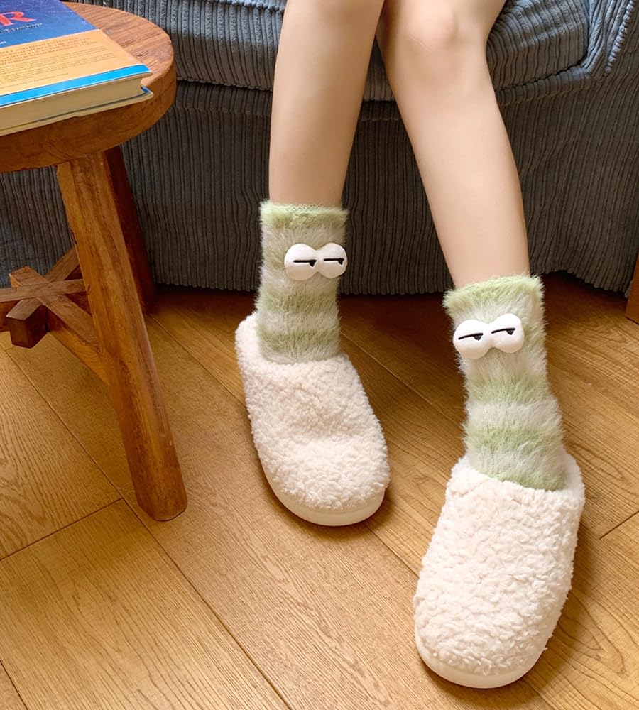 KASTWAVE 3 Pairs Fluffy Cartoon Monster Socks for Women, Cozy 3D Velvet Funny Sleep Cute & Quirky Warm Winter Socks for Halloween & Birthday, Foot Size 38-42