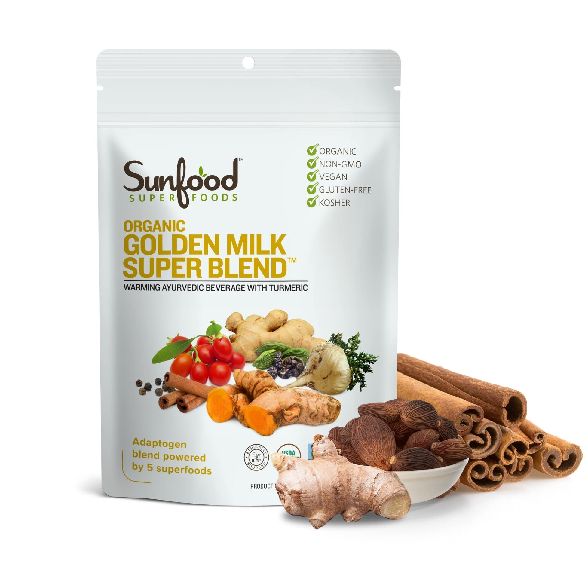 Sunfoods Golden Milk Super Blend - Superfood Golden Milk, Turmeric Powder, Superfood with Turmeric and Ginger, Black Pepper, Cinnamon & Cardamom, Turmeric Latte Powder, Vegan, USDA Organic - 6 oz - Medaid International