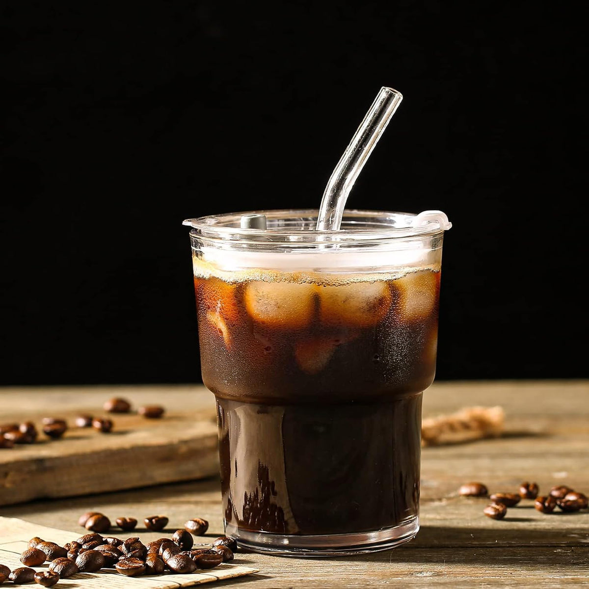 KASTWAVE 13oz/400ml Glass Tumbler, 2 Pack Iced Coffee Cup with Glass Straw and Lid, Sealed Carry On Thick Wall Glass Tumbler for Water, Iced Tea, Fruit Juice, Milk, Beer