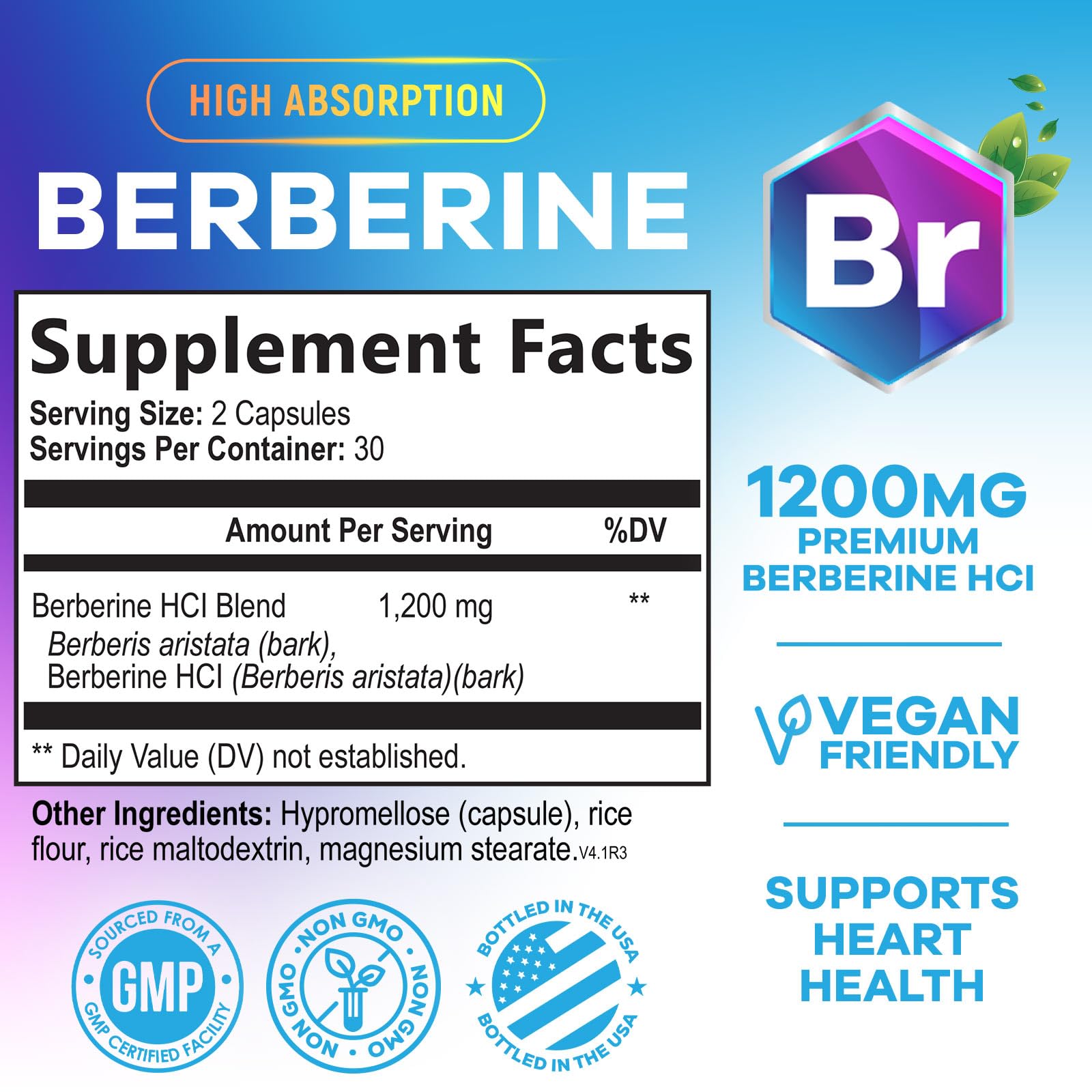 Berberine HCL 1200mg Supplement - Berberine HCI Capsules High Absorption Supplement for Heart Health & Immune Support, High Strength, Gluten-Free, Vegan, Non-GMO Pills - 60 Veggie Capsules - Medaid International