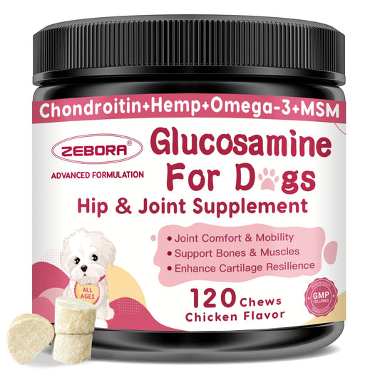 Glucosamine for Dogs, Joint Supplement for Dogs, Chondroitin, MSM, Hemp, Turmeric, Omega 3 for Pain Relief & Skin Health, Dog Hip and Joint Supplement with Calcium Support Bones Health, 120 Chews