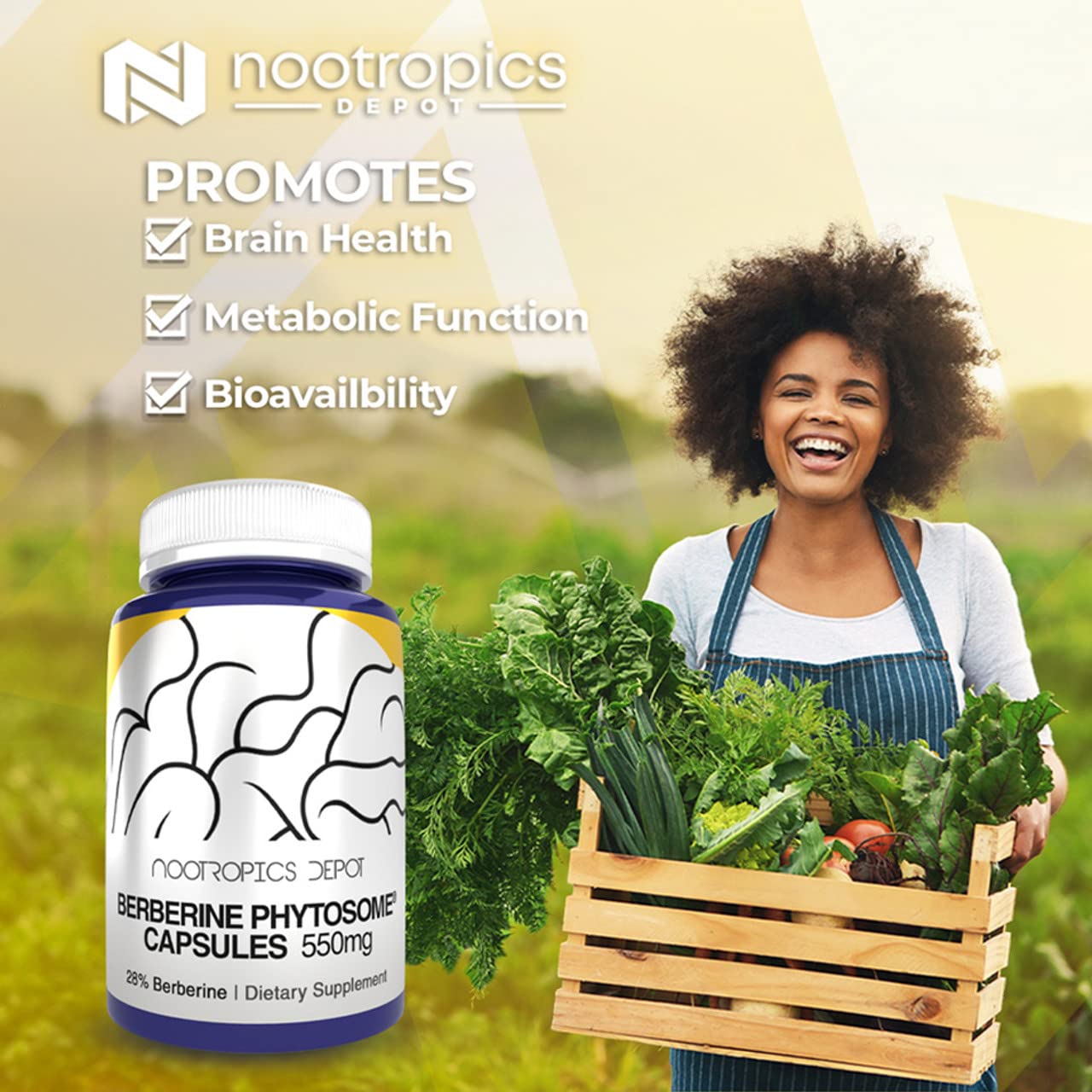 Nootropics Depot Berberine Phytosome Capsules | 550mg | High Bioavailability | Berbevis | Berberis aristata | Metabolic Health, Cognitive Function - Medaid International