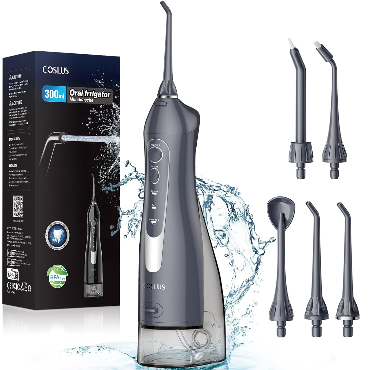 COSLUS Water Dental Flosser Teeth Pick: Portable Cordless Oral Irrigator 300ML Rechargeable Travel Irrigation Cleaner IPX7 Waterproof Electric Waterflosser Flossing Machine for Teeth Cleaning F5020E - Medaid International