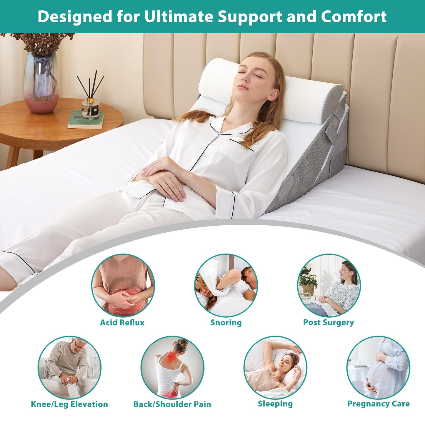 Bedluxe Wedge Pillow Headboard, 3PCS Orthopedic Bed Wedge Pillows Set for After Surgery, Adjustable Pillow Wedge for Acid Reflux&Back Pain Relief, Sleeping, Back Pillow for Bed Sitting Up, White/Grey - Medaid International
