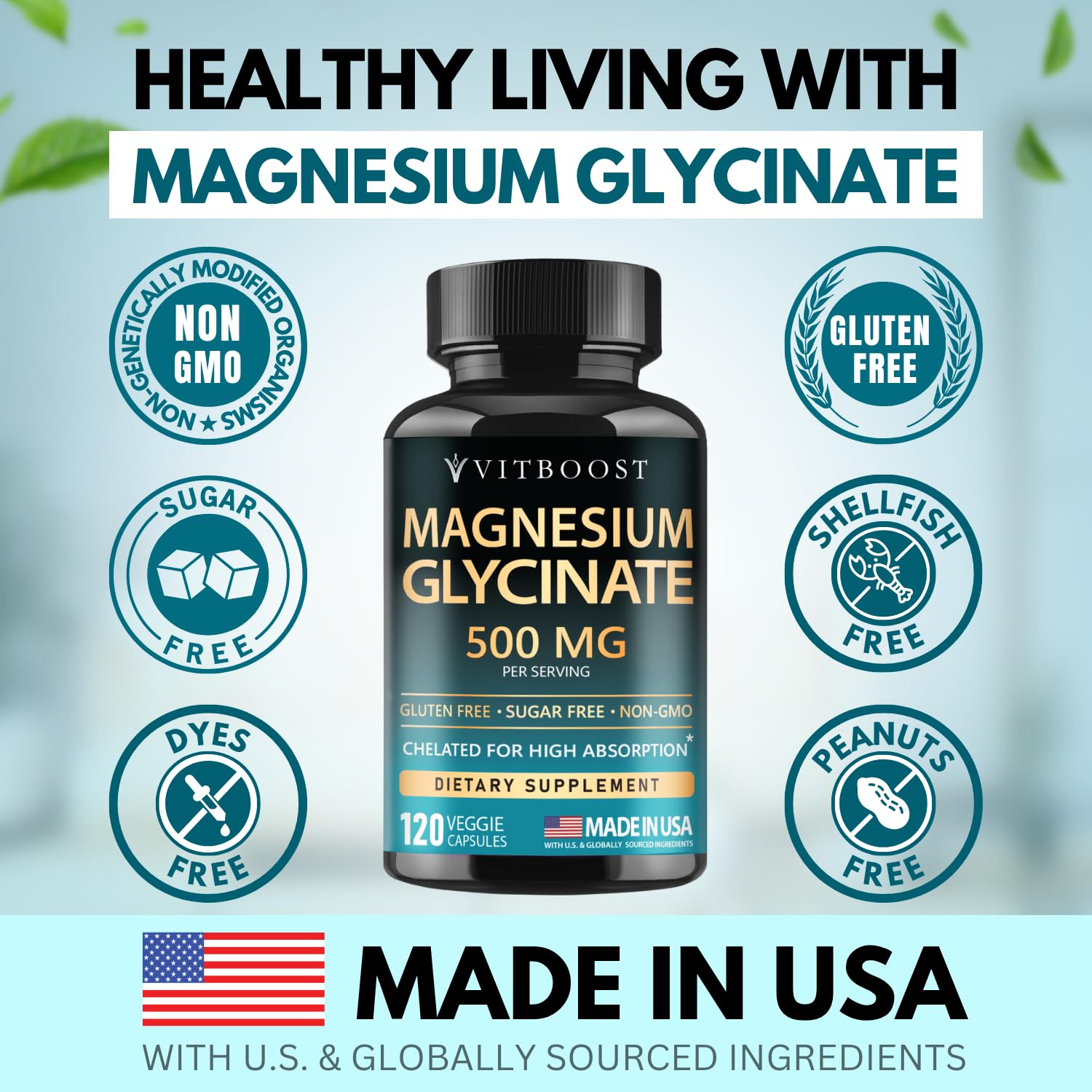 VitBoost Magnesium Glycinate 500mg – High Absorption Chelated Supplement – Supports Sleep, Muscle Recovery & Heart Health – Non-GMO, Vegan – 120 Capsules – Made in USA - Medaid International
