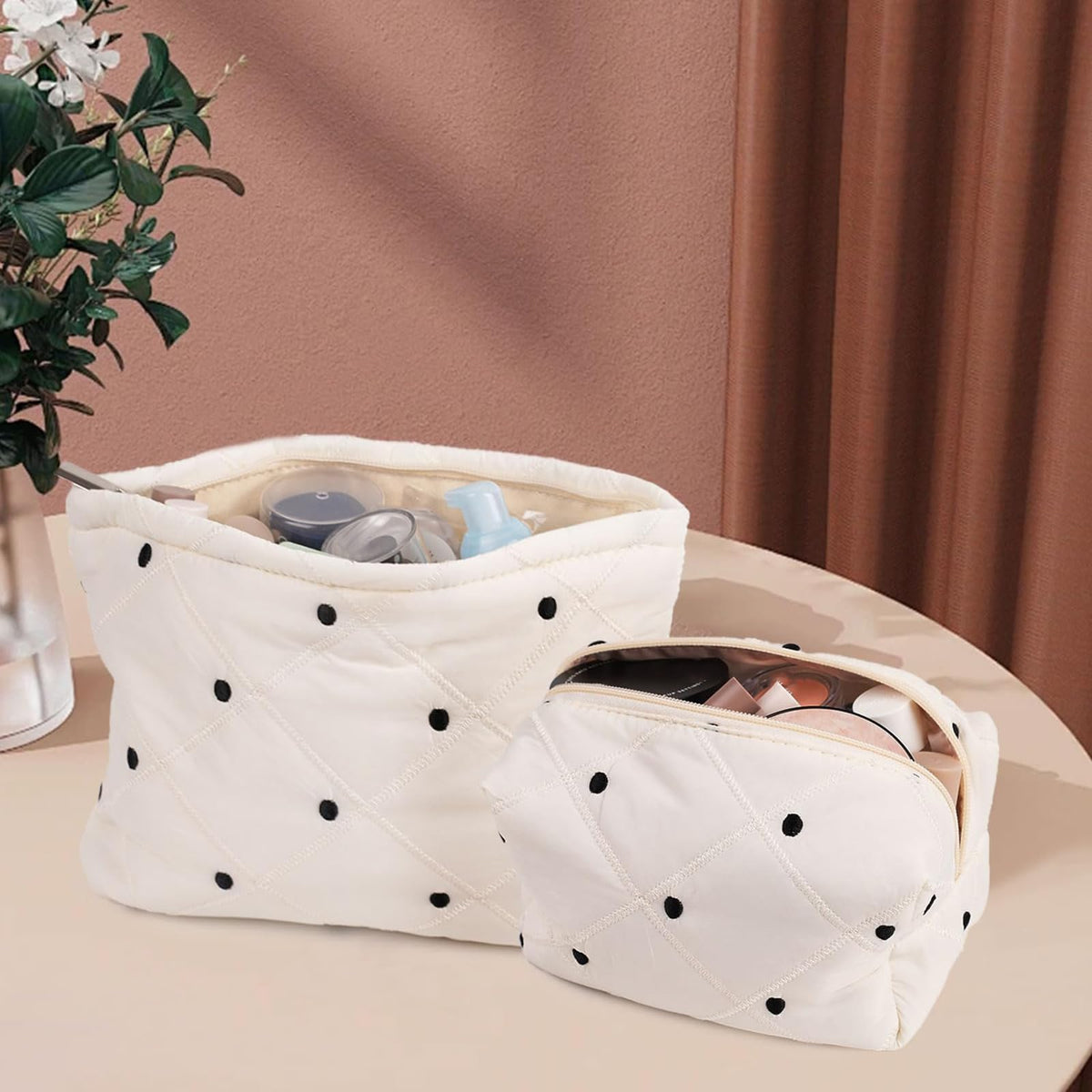 TERRIFI Quilted Makeup Bag, Black Dots Cotton Cosmetic Organizer Pouch for Women & Girls, Canvas Lined Travel Storage Bag (Small Szie)