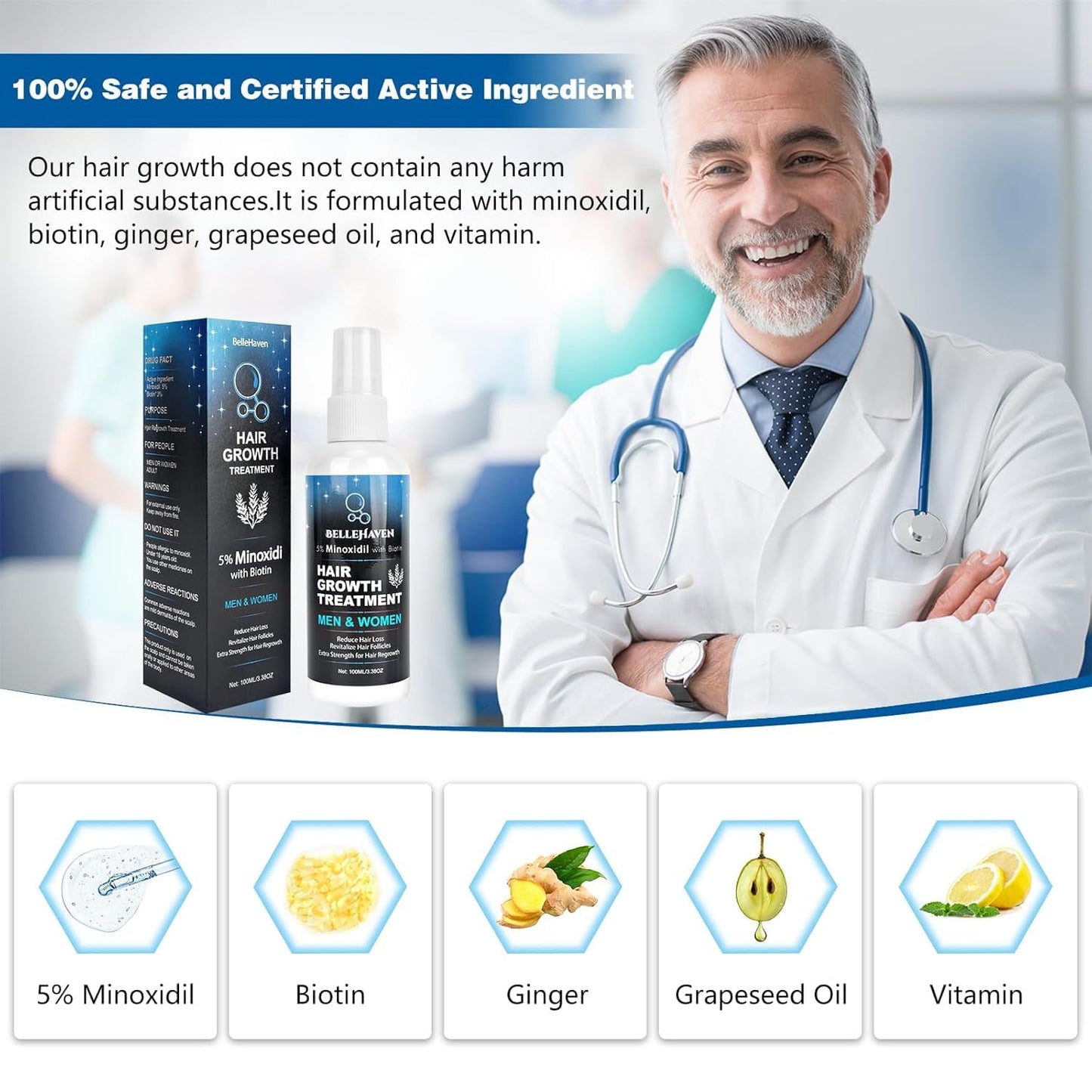 5% Minoxidil for Men Women, 100ML Minoxidil Hair Growth, Hair Regrowth Treatment Spray, Minoxidil Topical Solution Hair Growth Serum Stop Thinning and Loss Hair 2 Month Supply, for Beard, Hair - Medaid International