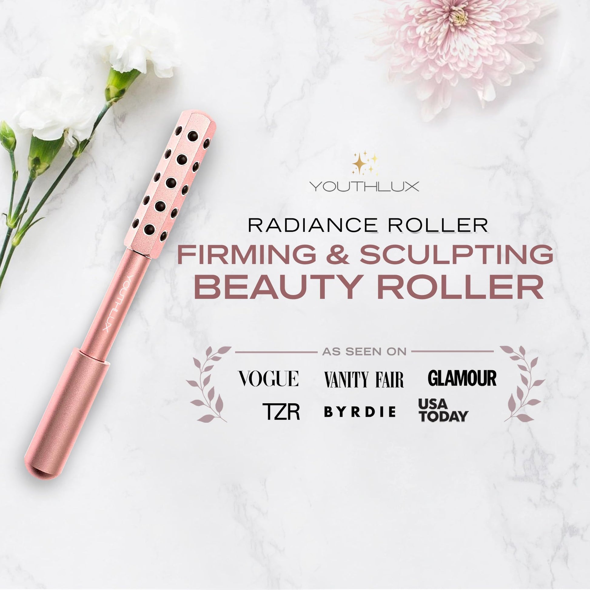 YOUTHLUX Radiance Roller - Germanium Stone Uplifting Face Beauty Massage Tool/Roller/Wand for Skin Tightening, De-Puffing, Sculpt/Lift, Anti-Aging | Uplift Face Roller, Facial Roller (Rose Gold) - Medaid International