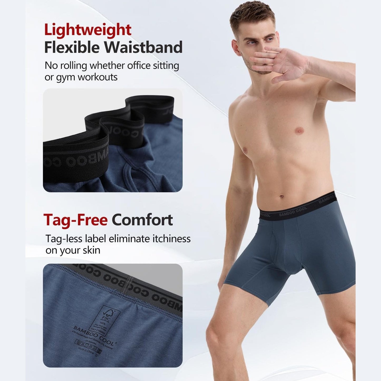 BAMBOO COOL Men's Underwear Boxer Briefs Ultra Breathable Stretch No Riding Up with Fly Multipack - Medaid International