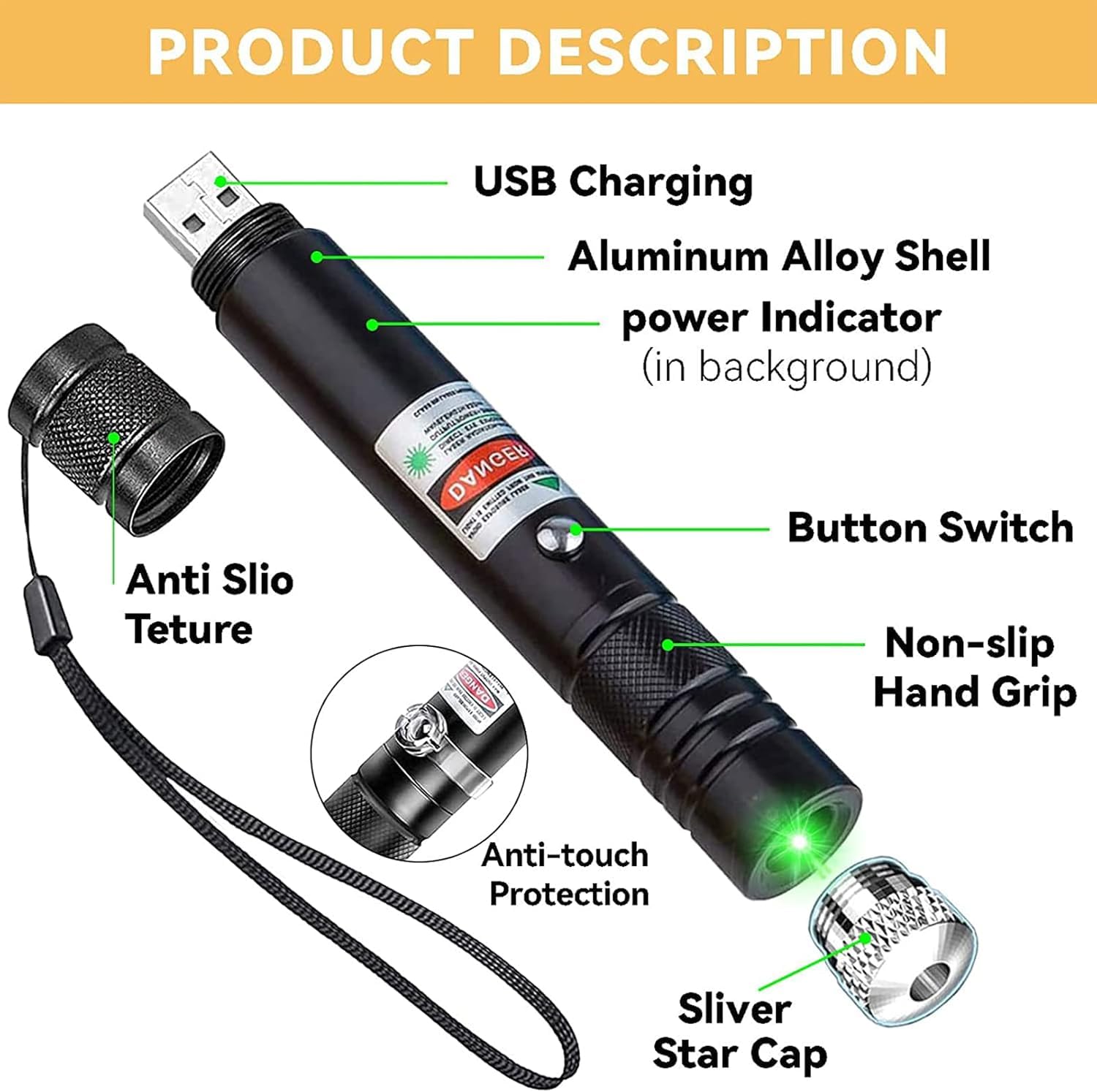 IVVTRYI Long Range High Power Tactical Green Beam Flashlight Laser Pointer rechargeableUSB Laser Pointer Cat Toys with Star Cap Adjustable Focus for Teaching Outdoor Hunting - Medaid International