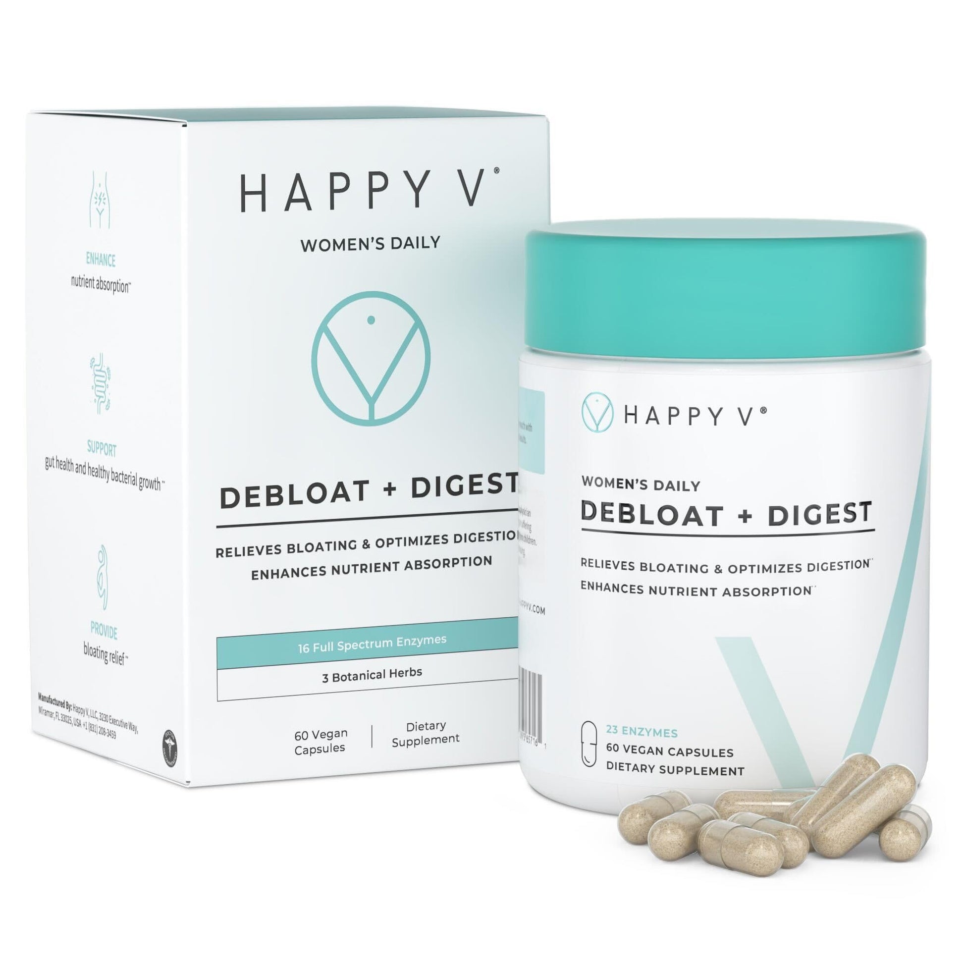 Happy V Debloat + Digest – Digestive Enzymes for Women to Support Bloating, Gas, Constipation, Gut Health, and Nutrient Absorption – Stomach Comfort & Digestion Support Supplement – 60 Vegan Capsules - Medaid International