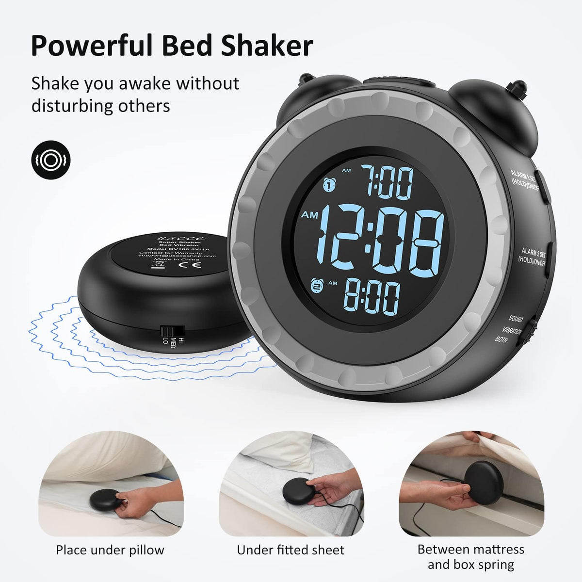 TERRIFI Loud Dual Alarm Clock with Bed Shaker, 0-100% Dimmer, Vibrating Alarm for Heavy Sleepers or Hearing Impaired, Easy to Set with USB Charging Port, Snooze Function, and Battery Backup