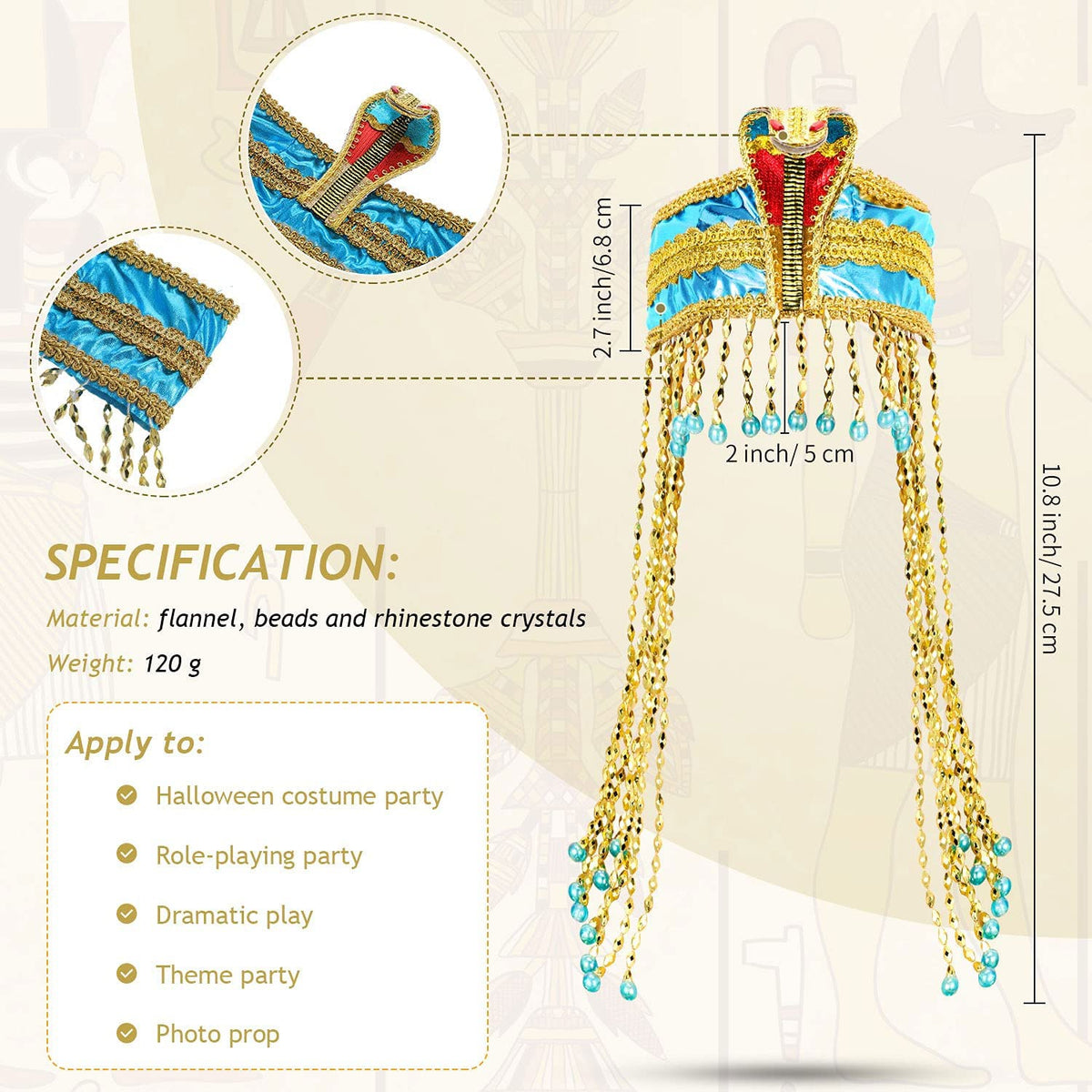 TERRIFI Women's Egyptian Headband Crown Snake Beaded Headpiece Girl's Egyptian Costume Accessory Beaded Headdress for Masquerade Ball & Cosplay Party, One Size (Blue)