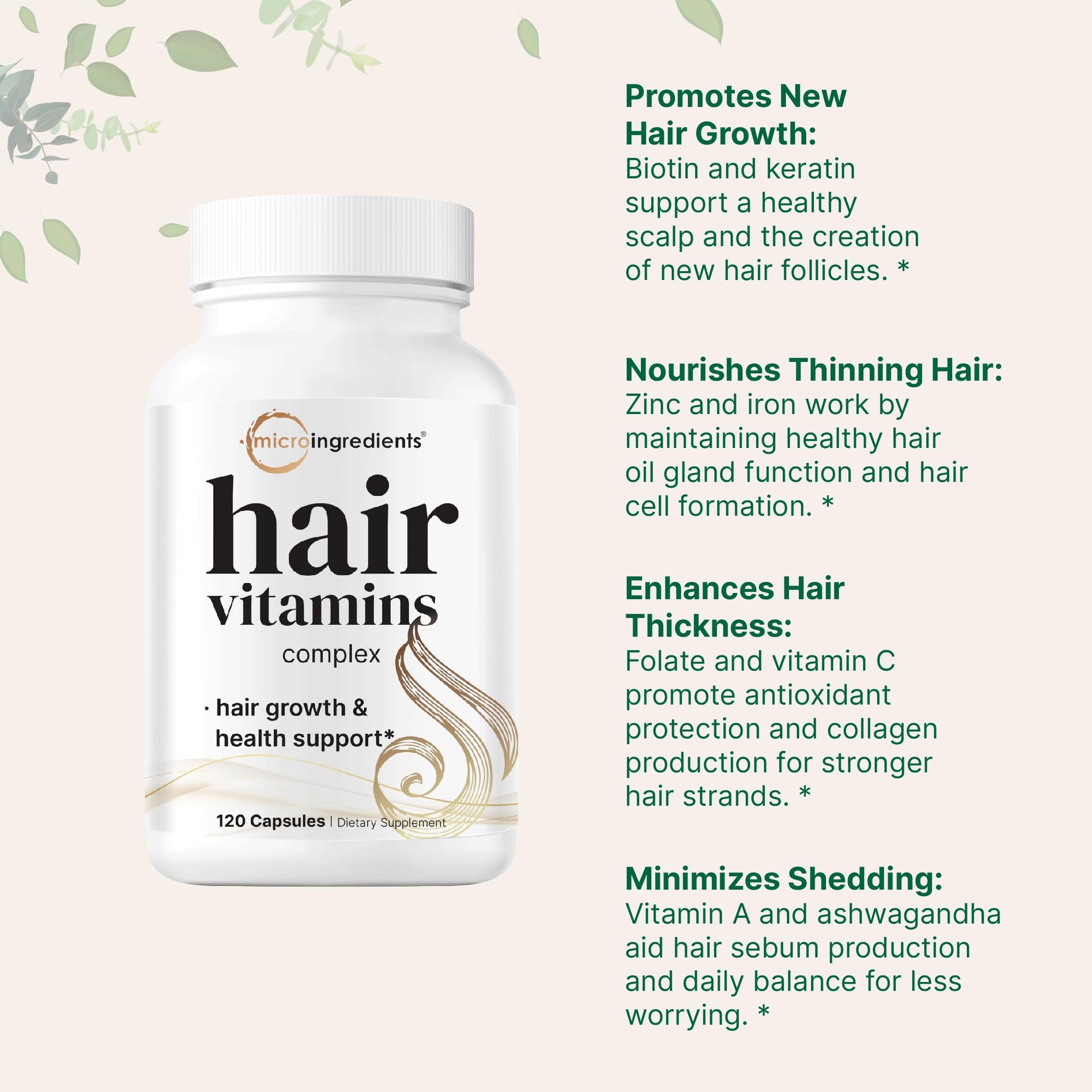Micro Ingredients Hair Growth Vitamins for Women & Men, 120 Capsules | 14-in-1 Formula with Biotin, Collagen, Keratin, Saw Palmetto & More | Thicker, Fuller, Nourishes Thinning & Loss Hair Support - Medaid International