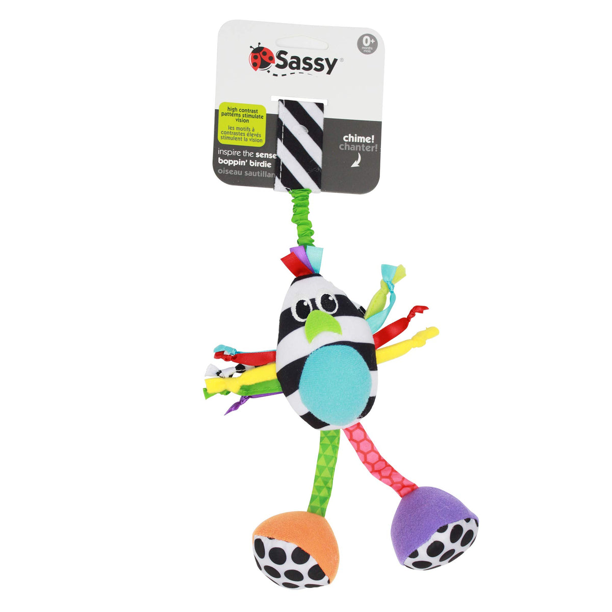 Sassy Boppin’ Birdie | Developmental Plush Toy for Early Learning | High Contrast | Attaches to Baby Gear for Travel | For Ages Newborn and Up (80660), Multicoloure