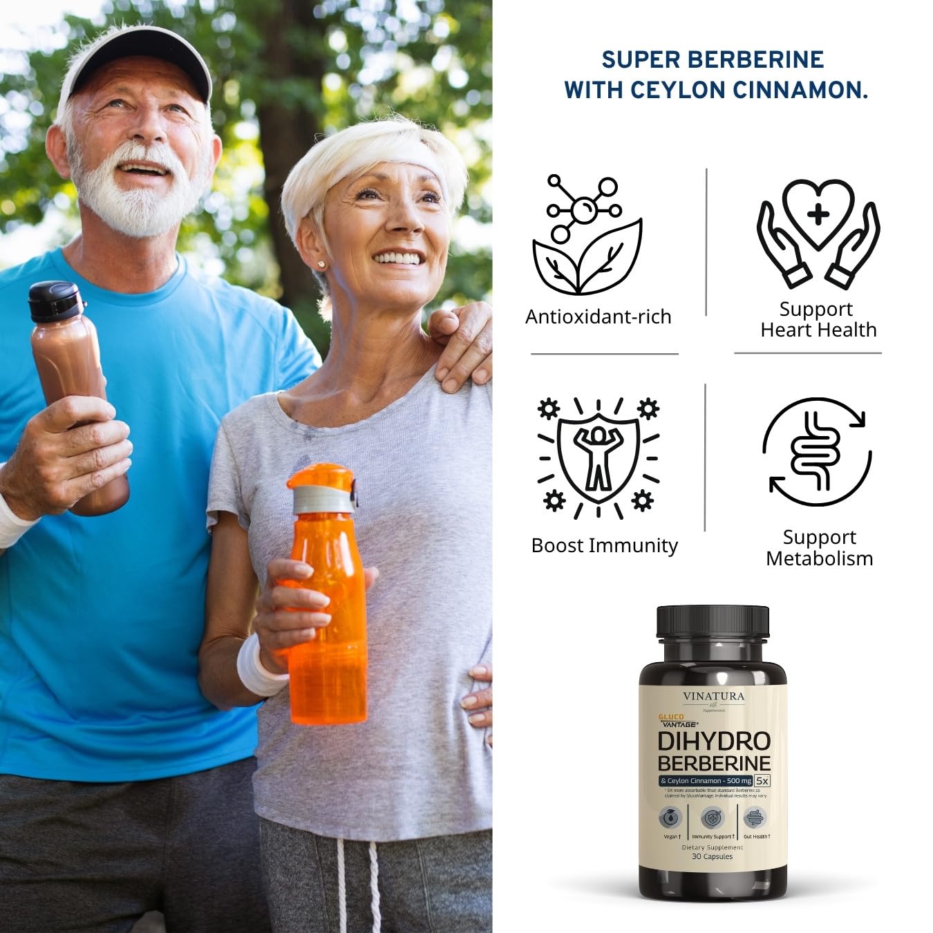 VINATURA Dihydroberberine Supplement with Ceylon Cinnamon, 500mg - (Patented GlucoVantage Super Berberine), Maybe Berberine 5X More absorbable - 30 Capsules - Medaid International