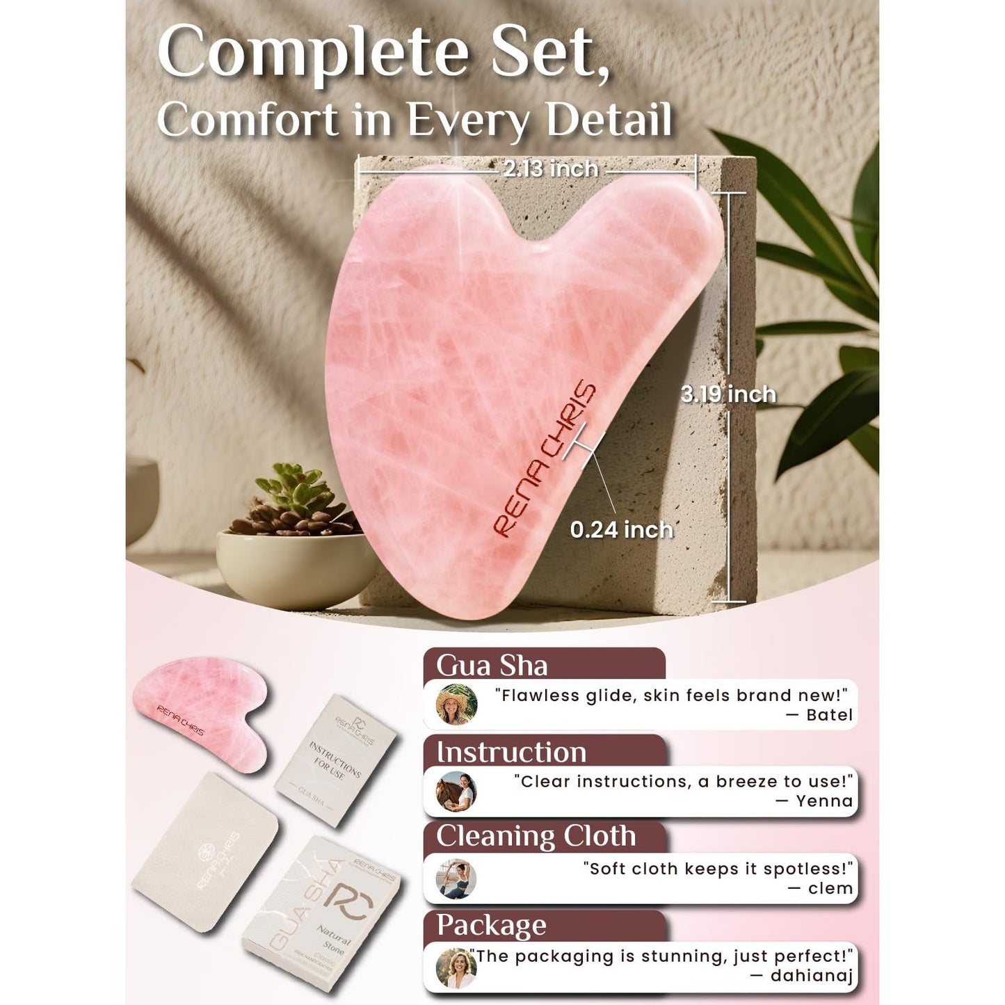 Rena Chris Gua Sha Facial Tools, Rose Quartz Guasha Tool for Acupuncture, Manual Massage Tool for Jawline Sculpting and Puffiness Reducing, Gua Sha Facial Massage Tool, Skin-Care Gift - Medaid International