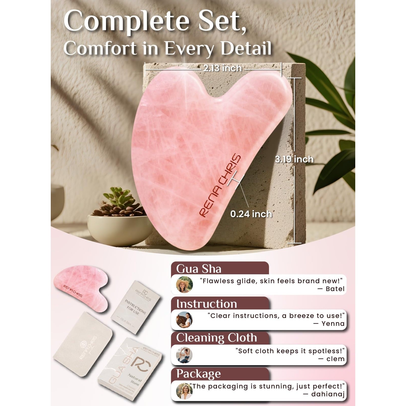 Rena Chris Gua Sha Facial Tools, Rose Quartz Guasha Tool for Acupuncture, Manual Massage Tool for Jawline Sculpting and Puffiness Reducing, Gua Sha Facial Massage Tool, Skin-Care Gift - Medaid International