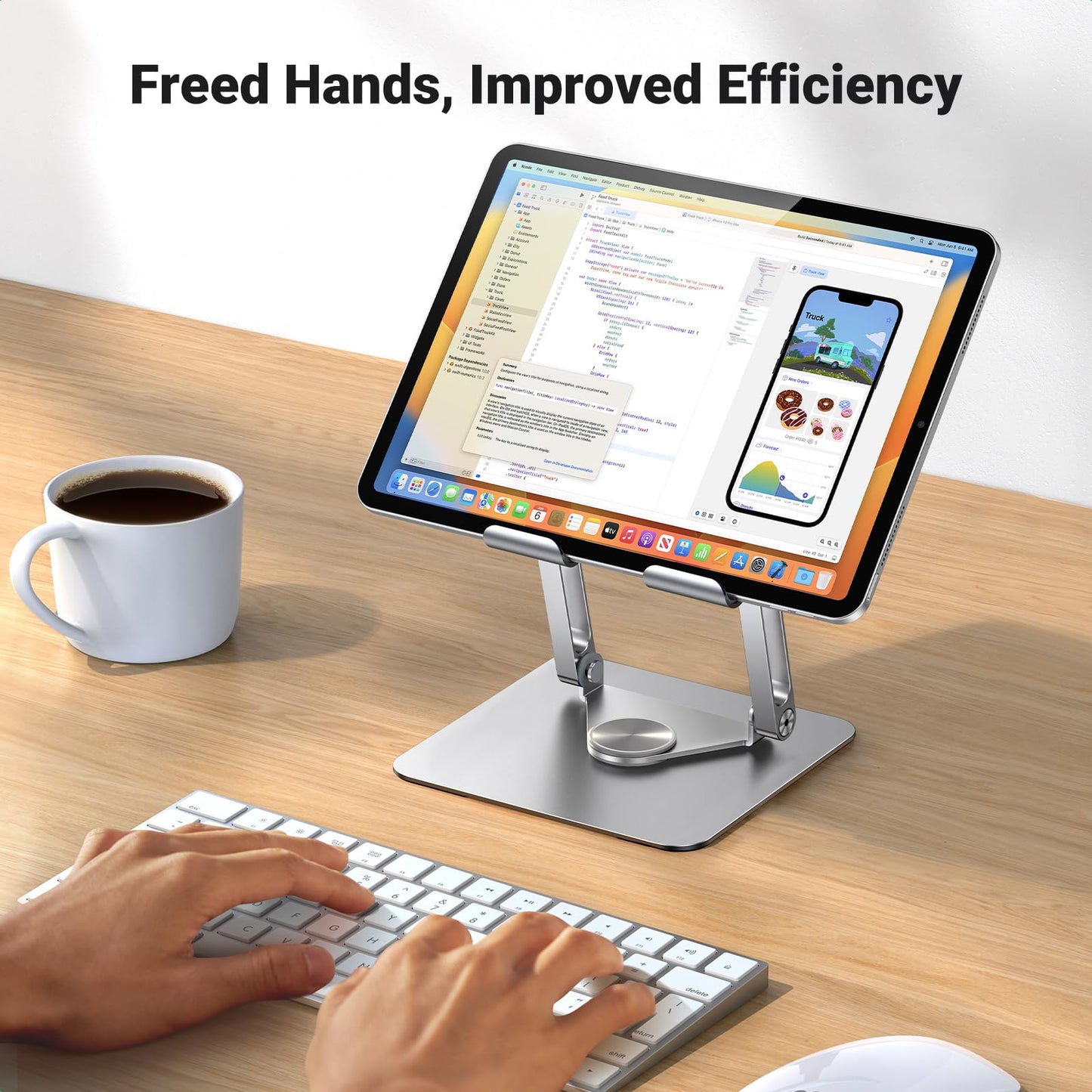 UGREEN Tablet Stand Holder for Desk with 360° Rotating Base Aluminum Dual Rod Support Adjustable Home Office Accessories Compatible with iPad Pro 13 12 11 Air Mini 5 4 3 Phone E-Reader Silver - Medaid International