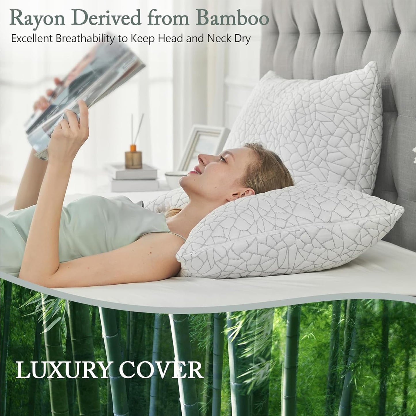 BPC Premium Rayon Derived from Bamboo Pillows Queen Size Set of 2 - Adjustable Shredded Memory Foam Pillow with Removable Cover Firm Pillow for Side Stomach and Back Sleepers, CertiPUR-US - Medaid International
