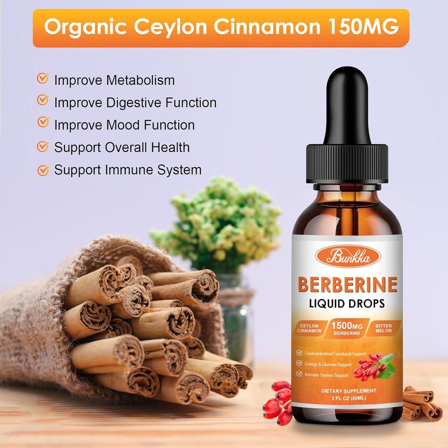 Bunkka (2 Pack) Berberine Supplement, Berberine Liquid Drops with Ceylon Cinnamon, Bitter Melon, Sugar-Free & Vegan Supplement Supports Immune System & Gastrointestinal Care - 4 FL Oz - Medaid International