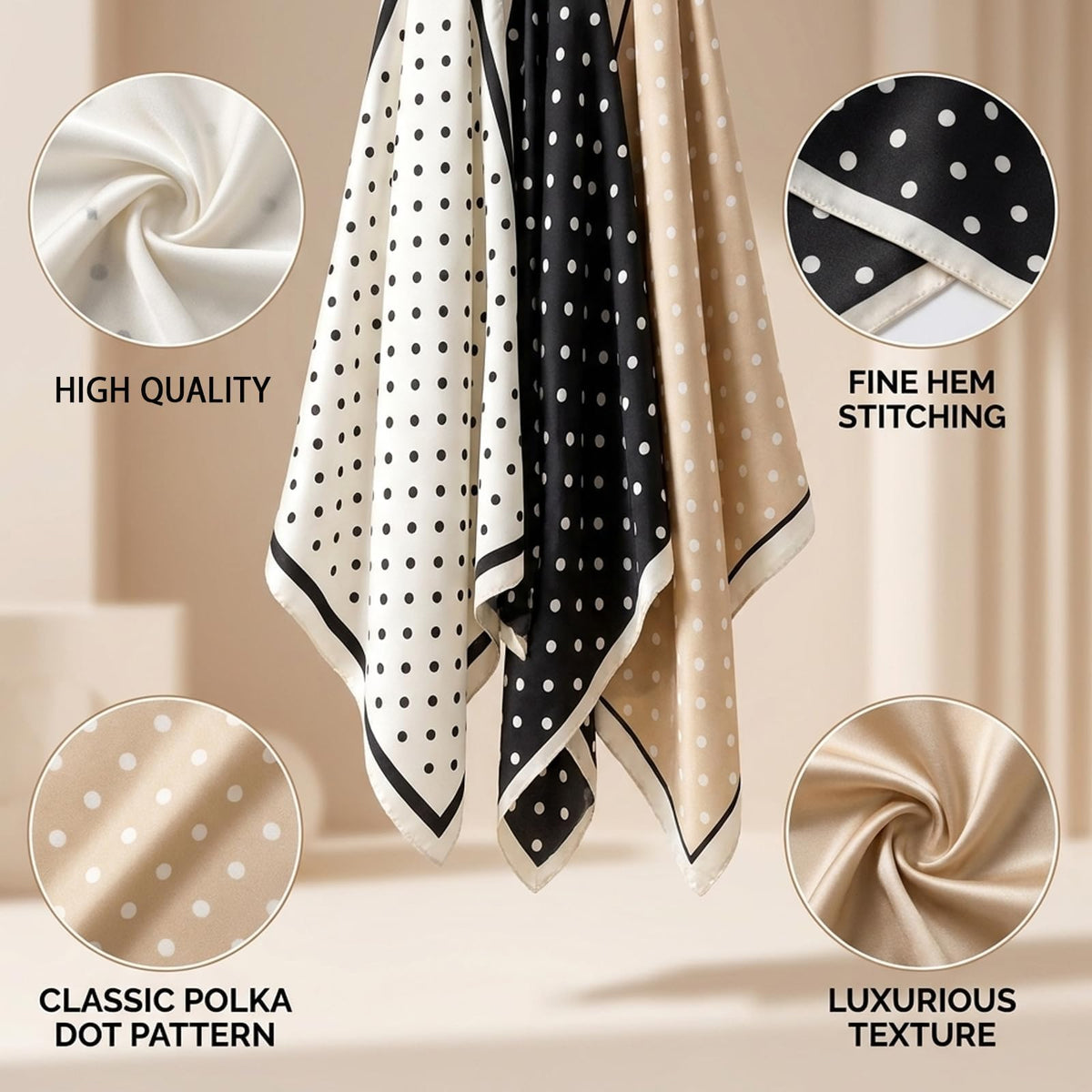 TERRIFI Polka Dot Print Head Scarf for Women, 3 Pcs Satin Square Scarf, Multipurpose Fashion Accessory, Silk Feel Scarves for Hair Wrapping, Neck Scarf, Shawl Wrap & Fashion Styling, 27"