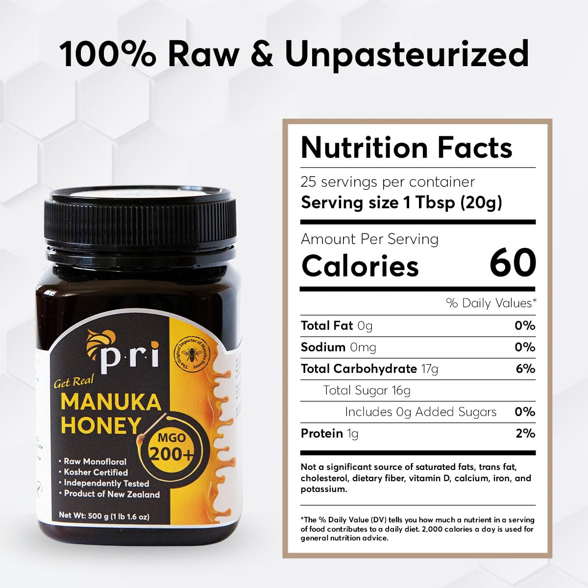 P.R.I Manuka Honey, Certified MGO 200+, Raw New Zealand Manuka Honey, 500g Jar - Medaid International