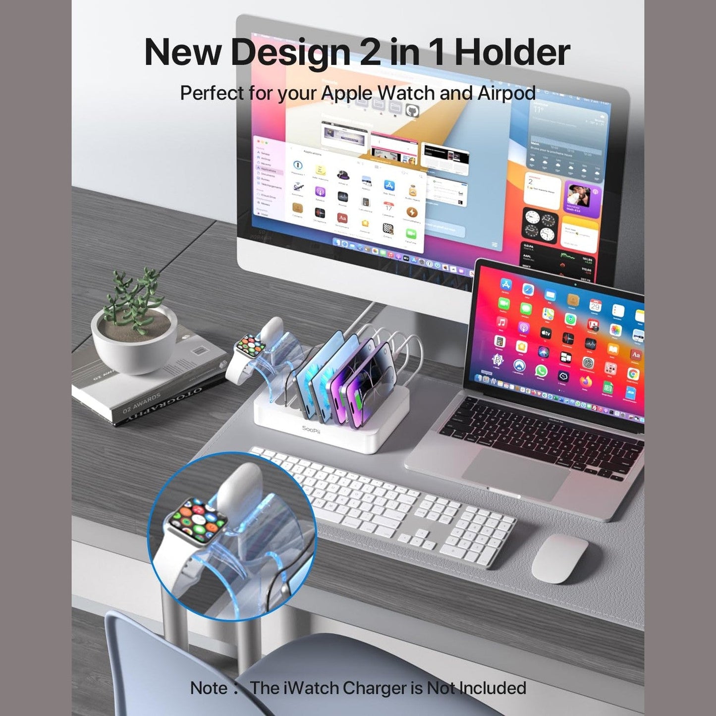 SooPii Premium 6-Port USB Charging Station Organizer for Multiple Devices, 6 Short Charging Cables and One Upgraded i-Watch Charger Holder Included, for Phones, Tablets, and Other Electronics, White - Medaid International