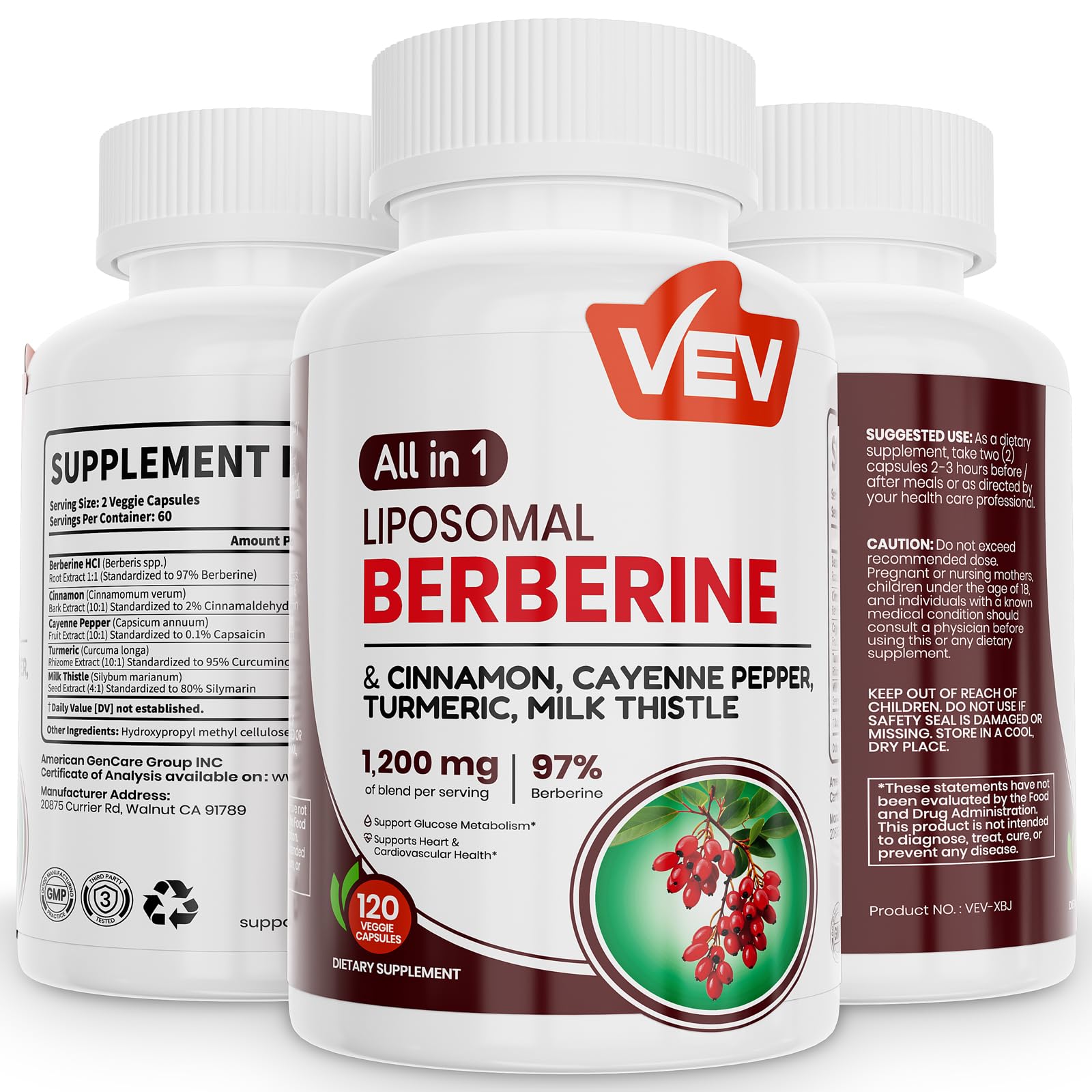 VEV Berberine Supplement with Ceylon Cinnamon, Cayenne Pepper, Turmeric, Milk Thistle, Vegan & Non-GMO – 120 Capsules - Medaid International