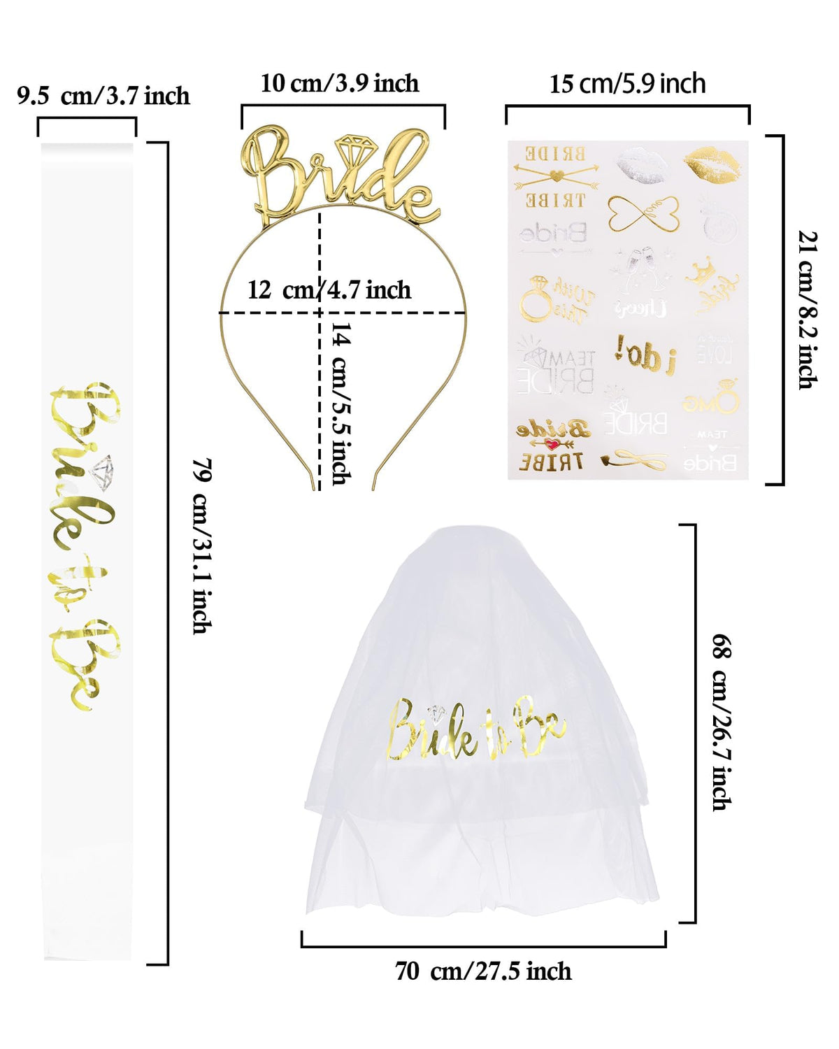 KASTWAVE Bride to Be Decoration Set, Bride Sash, Headband Tiara, Bride Veil with Comb, Rhinestone Tiara, Pre-Strung Banner, Bride to Be Gifts Decorations Wedding (Gold)