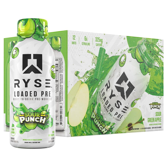 RYSE Loaded Pre Workout Drink - Sour Punch Green Apple - Sugar-Free, Ready to Drink Energy Supplement with 325mg Caffeine, Citrulline & Beta Alanine for Focus & Pump - 12 fl oz Bottles (Pack of 12) - Medaid International