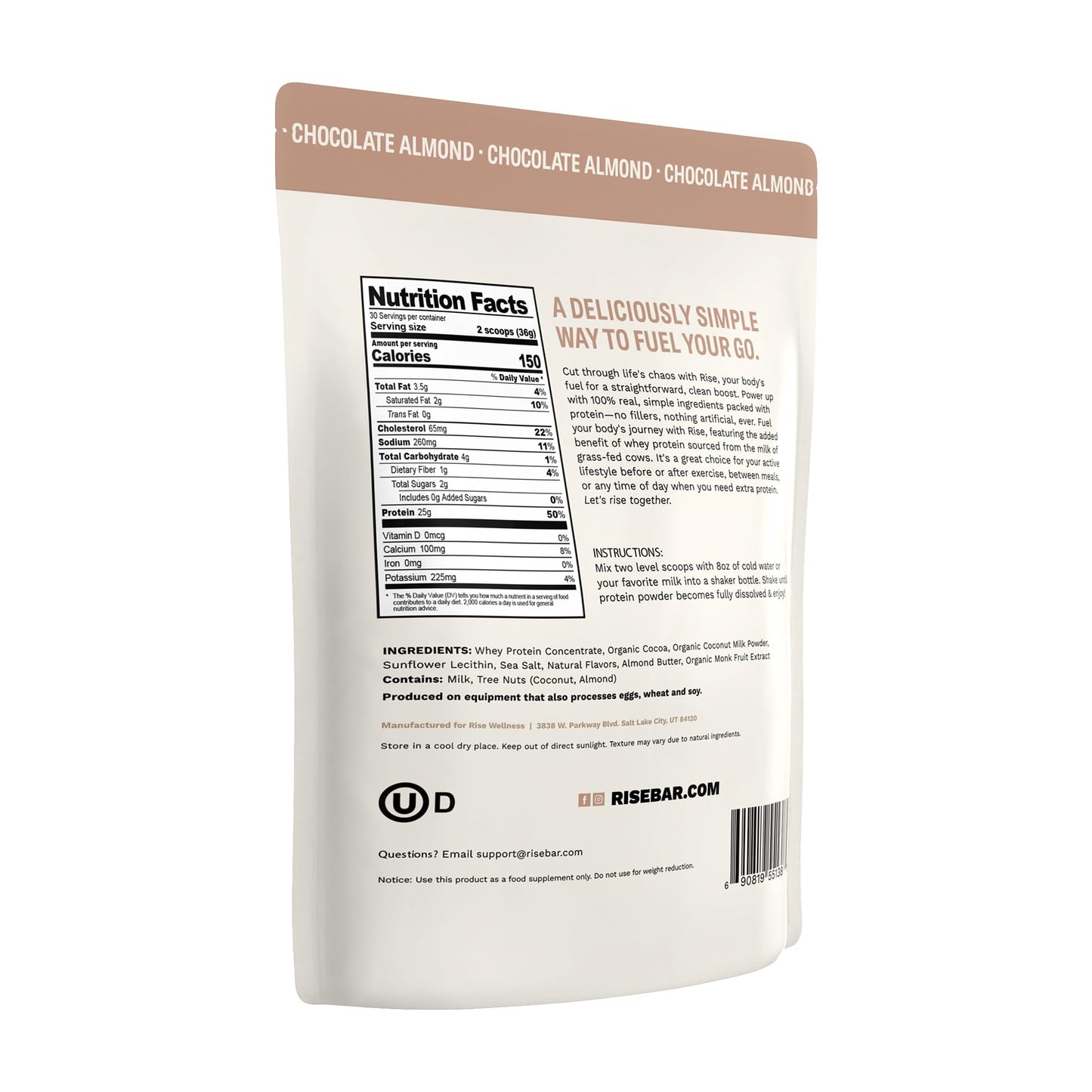 Rise Grass-Fed Whey Protein Powder - Chocolate Almond | 25g Protein No Artificial Flavors, Colors, or Preservatives - Sugar Free, Gluten-Free, Soy Free (2.4 lbs) - Medaid International