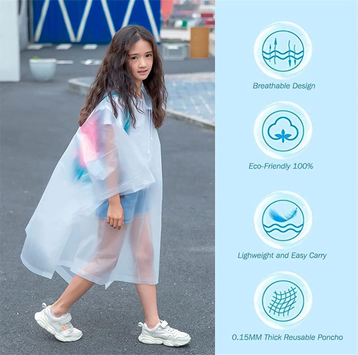 Rain Poncho for Kids, [2 Pack] EVA Kids Raincoat Reusable Rain Coat Jacket for Kids, Boys, and Girls 6-13 Years Old
