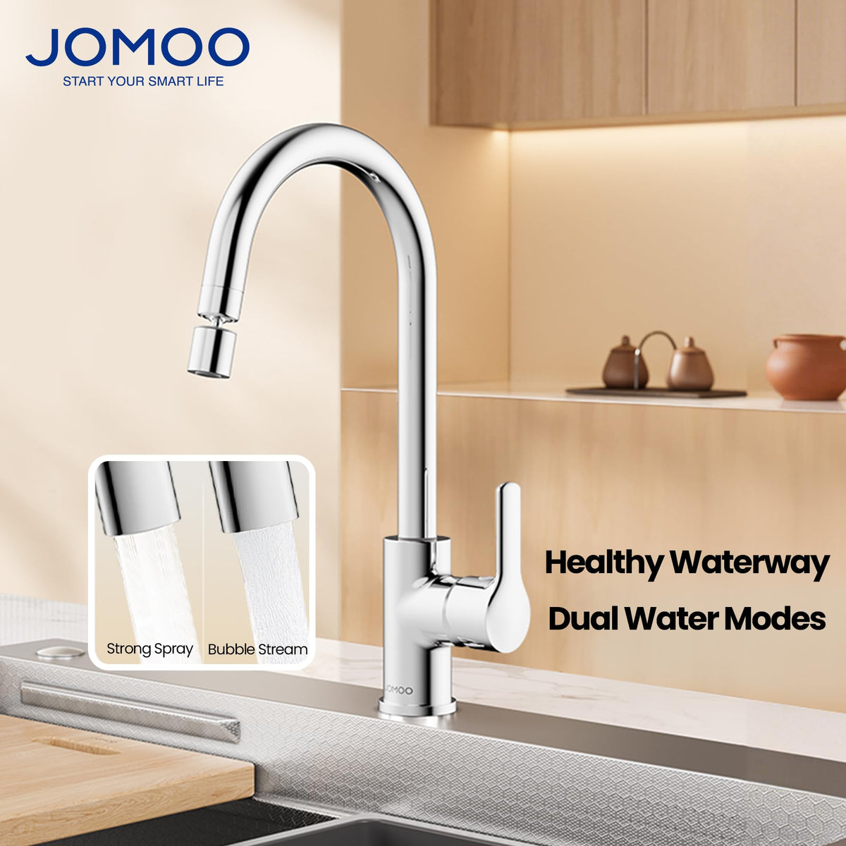 JOMOO Kitchen Faucet, 360° Swivel Dual-Spray Sink Tap, Lead-Free Honeycomb Anti-Splash Aerator, Hot & Cold Water, Corrosion-Resistant Chrome Finish, with 2 Stainless Steel Hoses