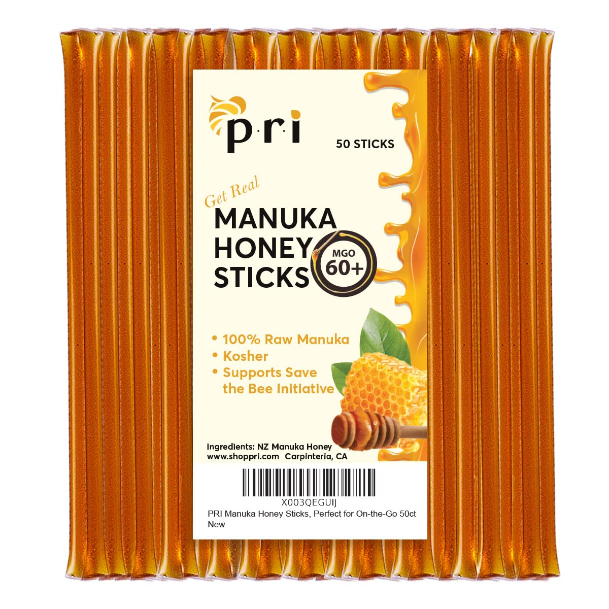 P.R.I Manuka Honey Sticks, Certified MGO 60+, Raw New Zealand Manuka Honey, Perfect for On-the-Go, 50 count - Medaid International