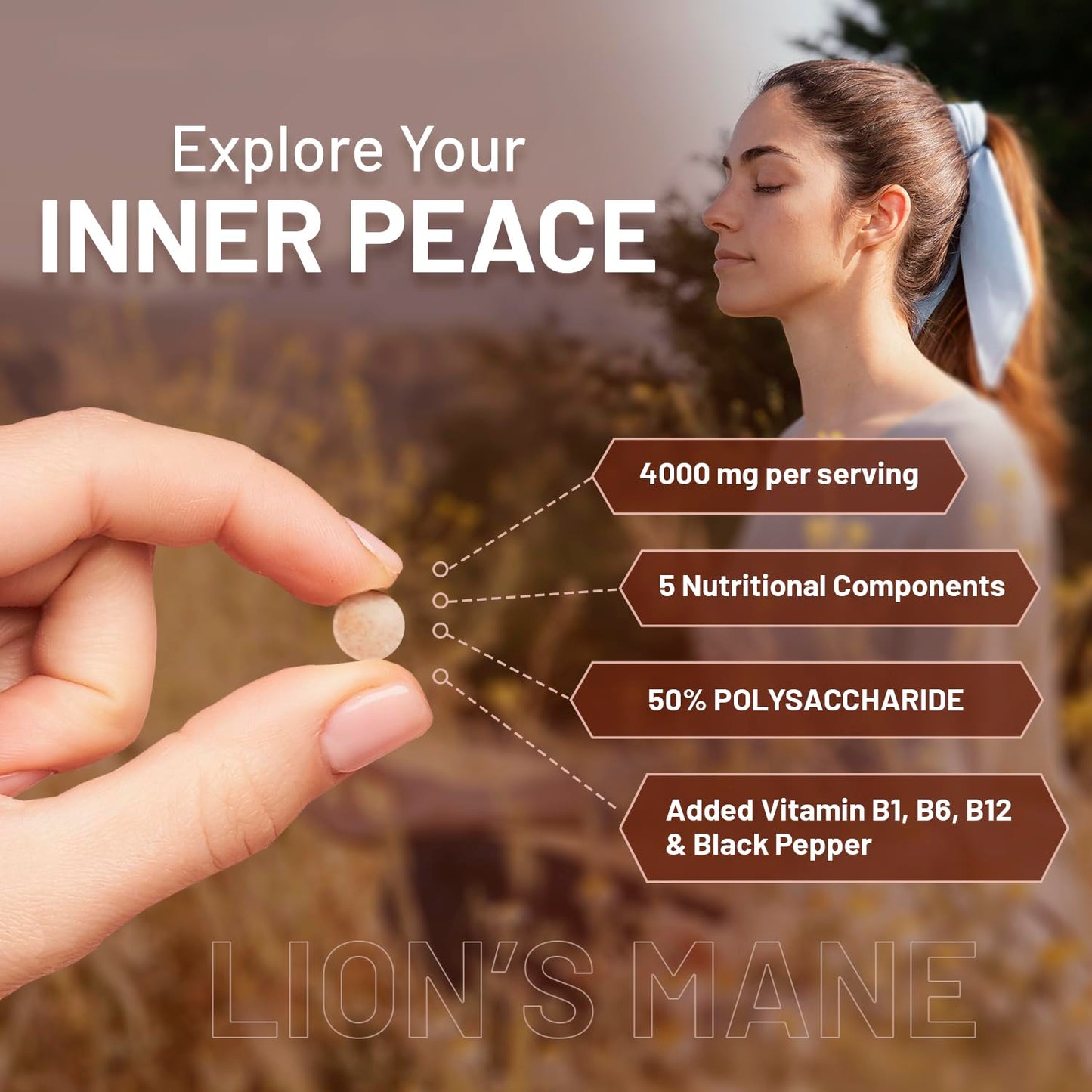 Lions Mane Mushroom Supplement 4000mg with Vitamin B1, B6, B12 & Black Pepper - 180 Super Strength Vegan Tablets with 50% Polysaccharides (Not Powder or Capsules) | Made in The UK by Prowise - Medaid International