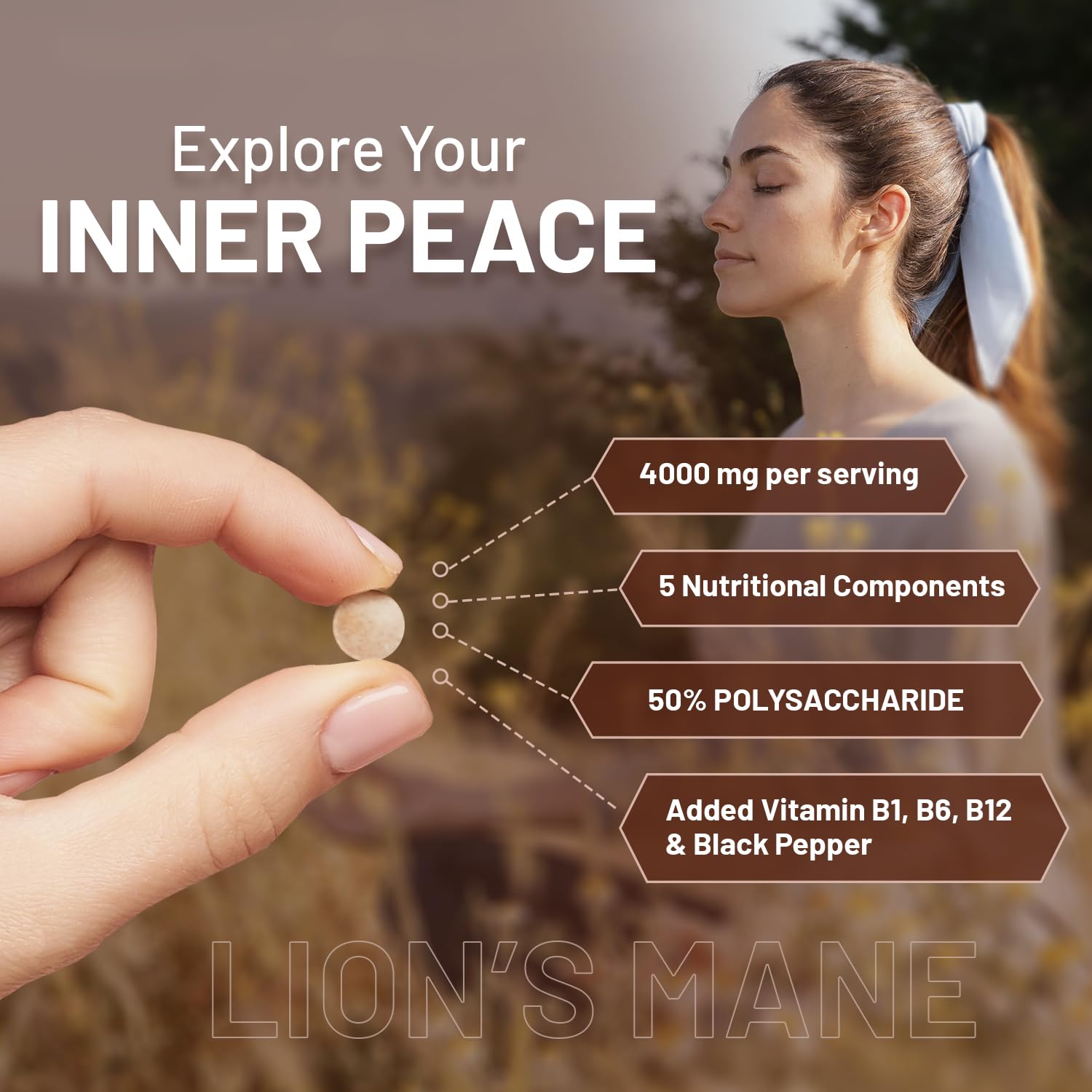 Lions Mane Mushroom Supplement 4000mg with Vitamin B1, B6, B12 & Black Pepper - 180 Super Strength Vegan Tablets with 50% Polysaccharides (Not Powder or Capsules) | Made in The UK by Prowise - Medaid International
