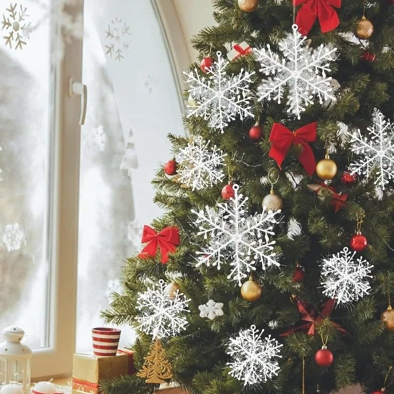 30Pcs White Christmas Tree Snowflake Ornament 15cm Xmas Tree Hanging Glitter Snowflake DIY New Year Garland Home Decoration - Medaid International
