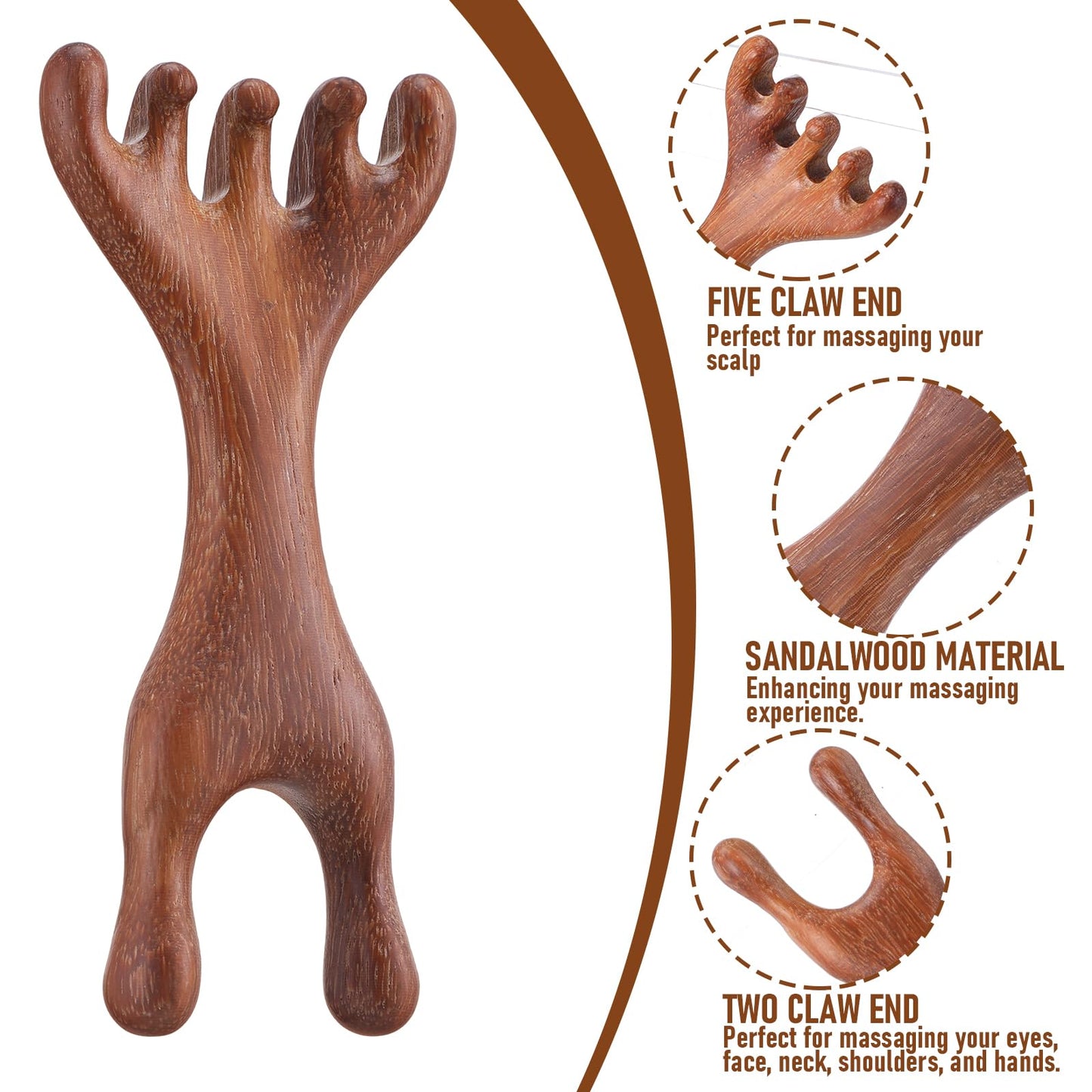 HJZHII Manual Scalp Massager, Wooden Scalp Massage 2 in 1 Sandalwood Gua Sha Massager Five Claw Gua Sha Comb Wood Head Scratcher for Women Men Meridian Comb for Head Neck Hands - Medaid International