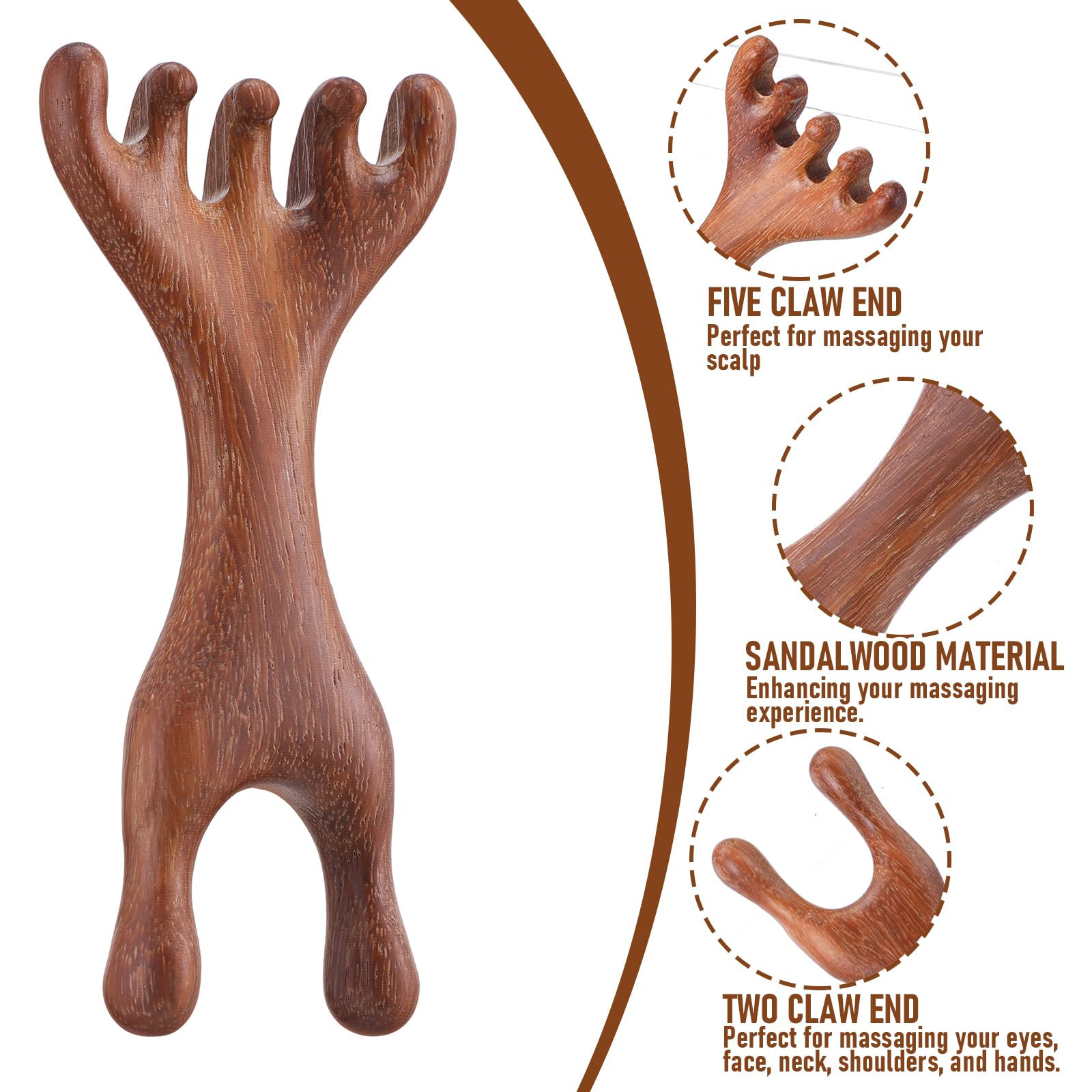 HJZHII Manual Scalp Massager, Wooden Scalp Massage 2 in 1 Sandalwood Gua Sha Massager Five Claw Gua Sha Comb Wood Head Scratcher for Women Men Meridian Comb for Head Neck Hands - Medaid International